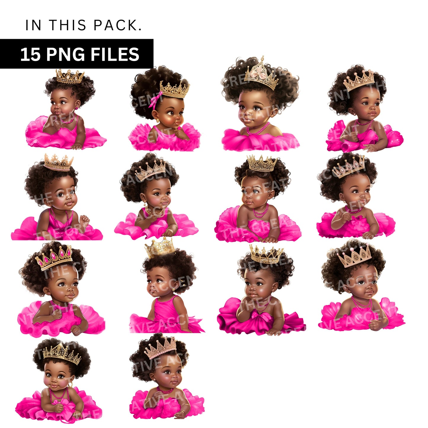 Black Baby Girl Princess in Hot Pink Tutu Clipart, 15 PNG, Baby Shower Illustration, African-American Infant with Gold Crown, Afro Toddler