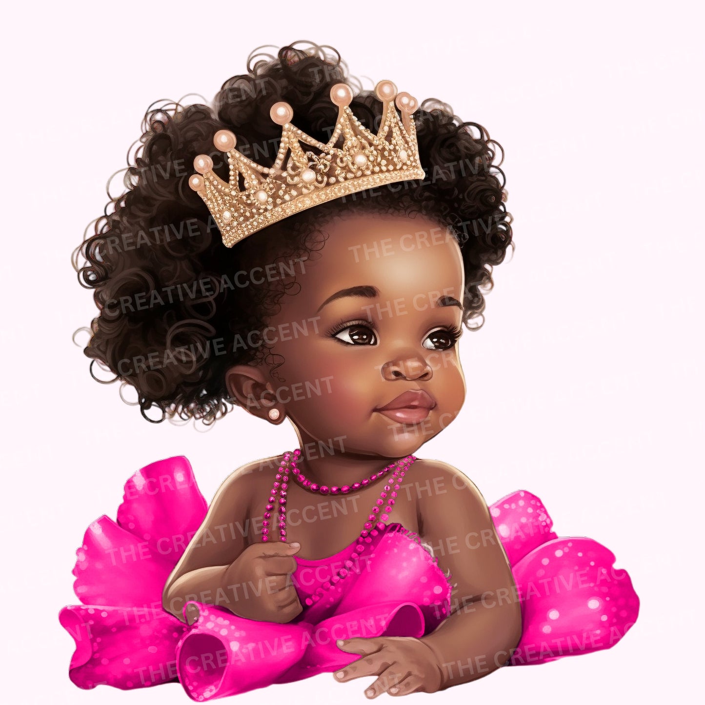 Black Baby Girl Princess in Hot Pink Tutu Clipart, 15 PNG, Baby Shower Illustration, African-American Infant with Gold Crown, Afro Toddler