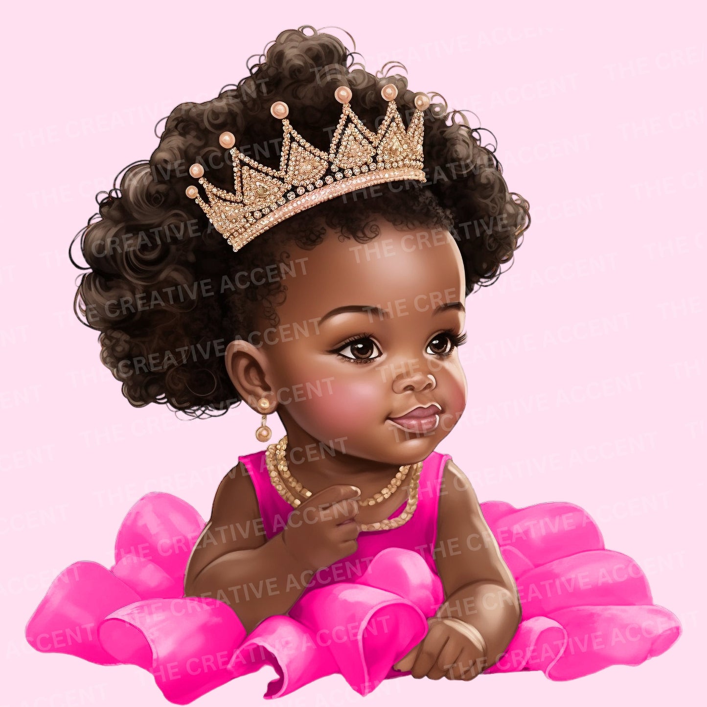 Black Baby Girl Princess in Hot Pink Tutu Clipart, 15 PNG, Baby Shower Illustration, African-American Infant with Gold Crown, Afro Toddler