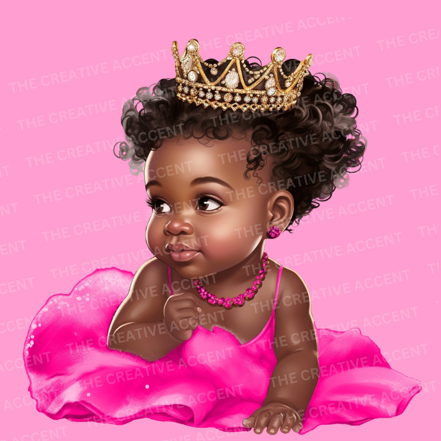 Black Baby Girl Princess in Hot Pink Tutu Clipart, 15 PNG, Baby Shower Illustration, African-American Infant with Gold Crown, Afro Toddler