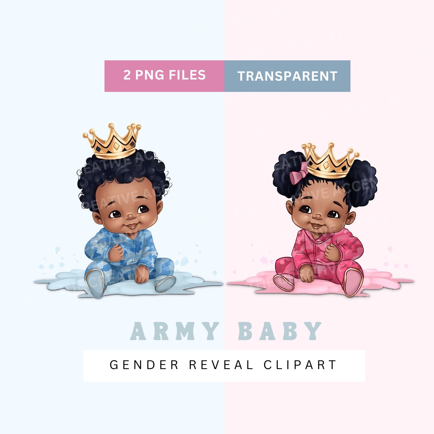 Army Baby Shower Clipart, 2 PNG Files, Little Boy and Girl in Light Blue and Pink Camo, Crown, Black Military Camouflage Gender Reveal Twins