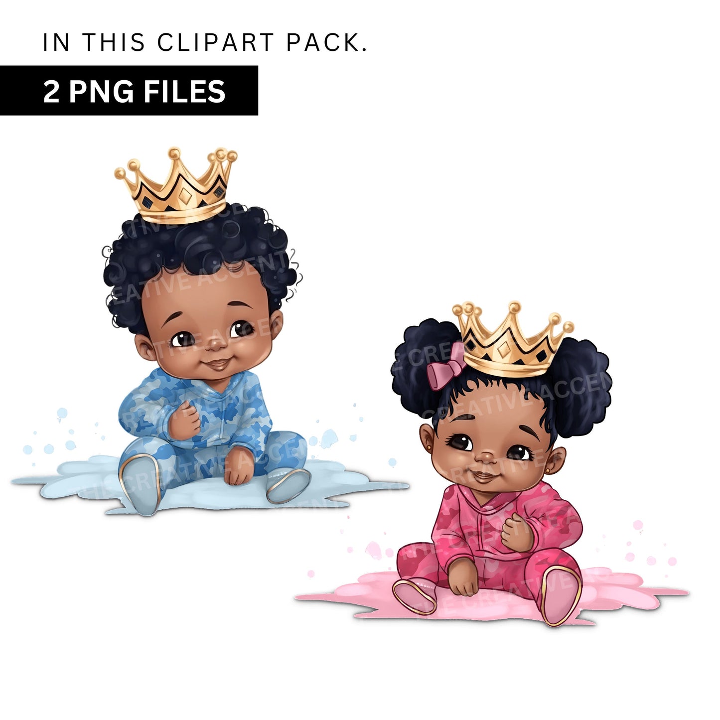 Army Baby Shower Clipart, 2 PNG Files, Little Boy and Girl in Light Blue and Pink Camo, Crown, Black Military Camouflage Gender Reveal Twins