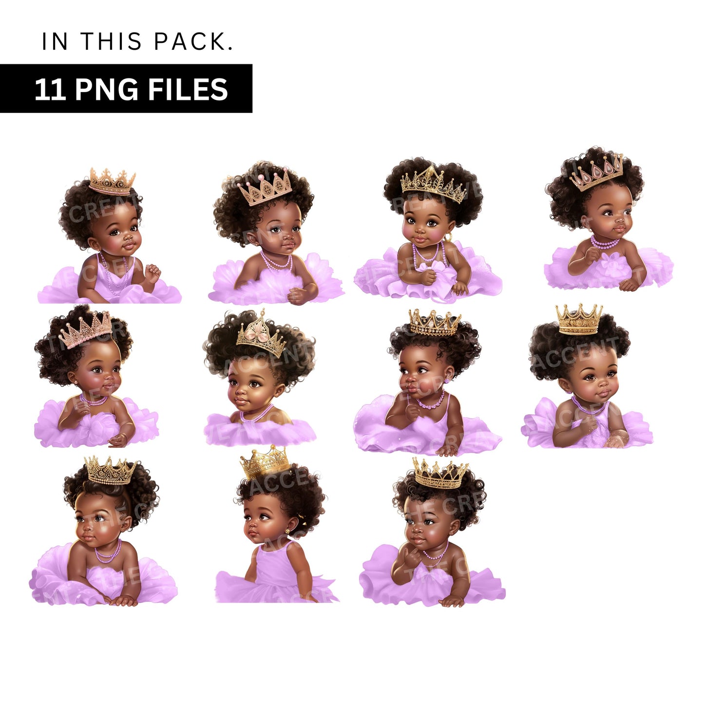Black Baby Girl in Light Purple Tutu Dress Clipart, 11 PNG, Lavender Tulle Theme Clipart, Little Toddler, Ballerina Baby Shower Illustration
