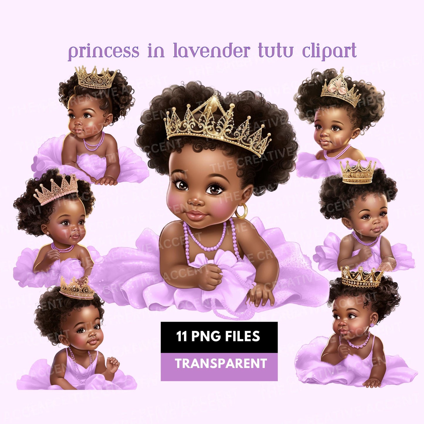 Black Baby Girl in Light Purple Tutu Dress Clipart, 11 PNG, Lavender Tulle Theme Clipart, Little Toddler, Ballerina Baby Shower Illustration