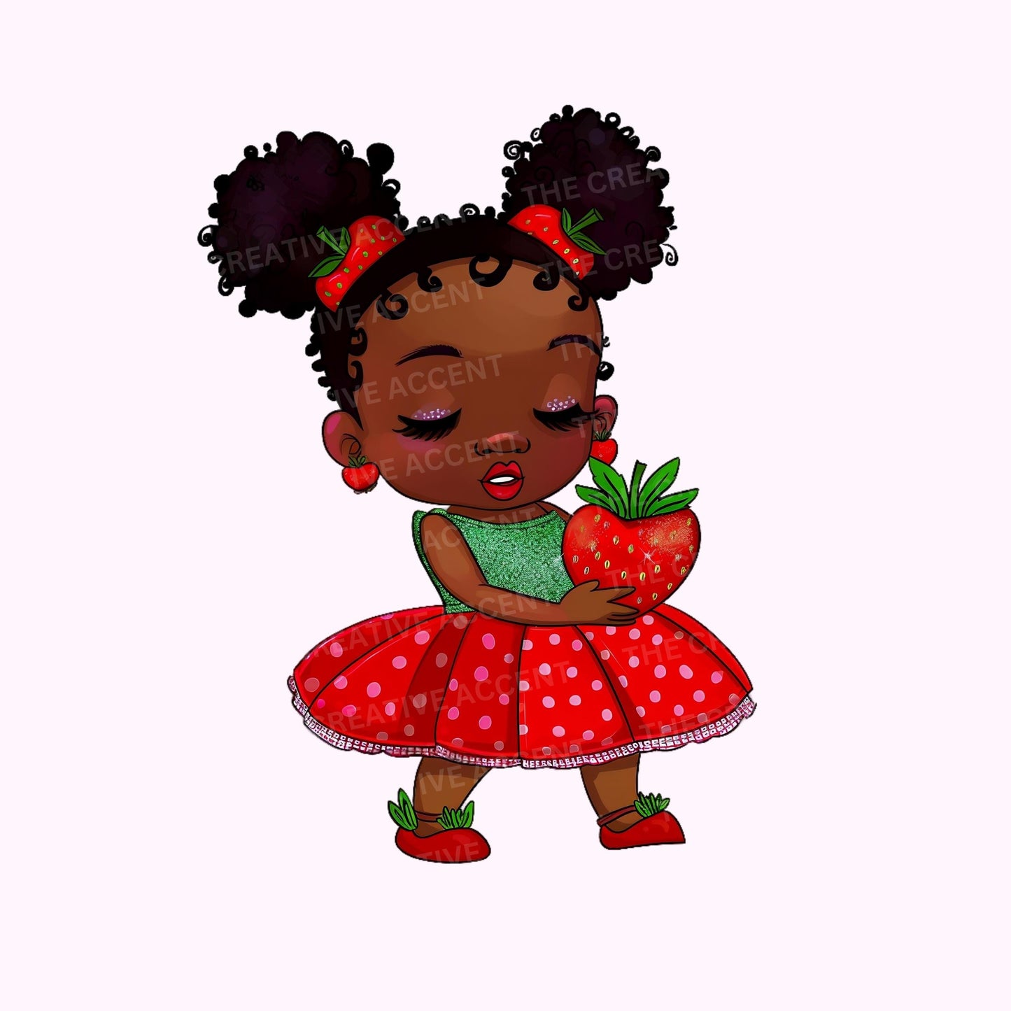 Shy Strawberry Baby Girl Clipart, 9 PNG, Afro Black Strawberry Shortcake Holding a Strawberry Theme, Red and Green, Berry Sweet Baby Shower