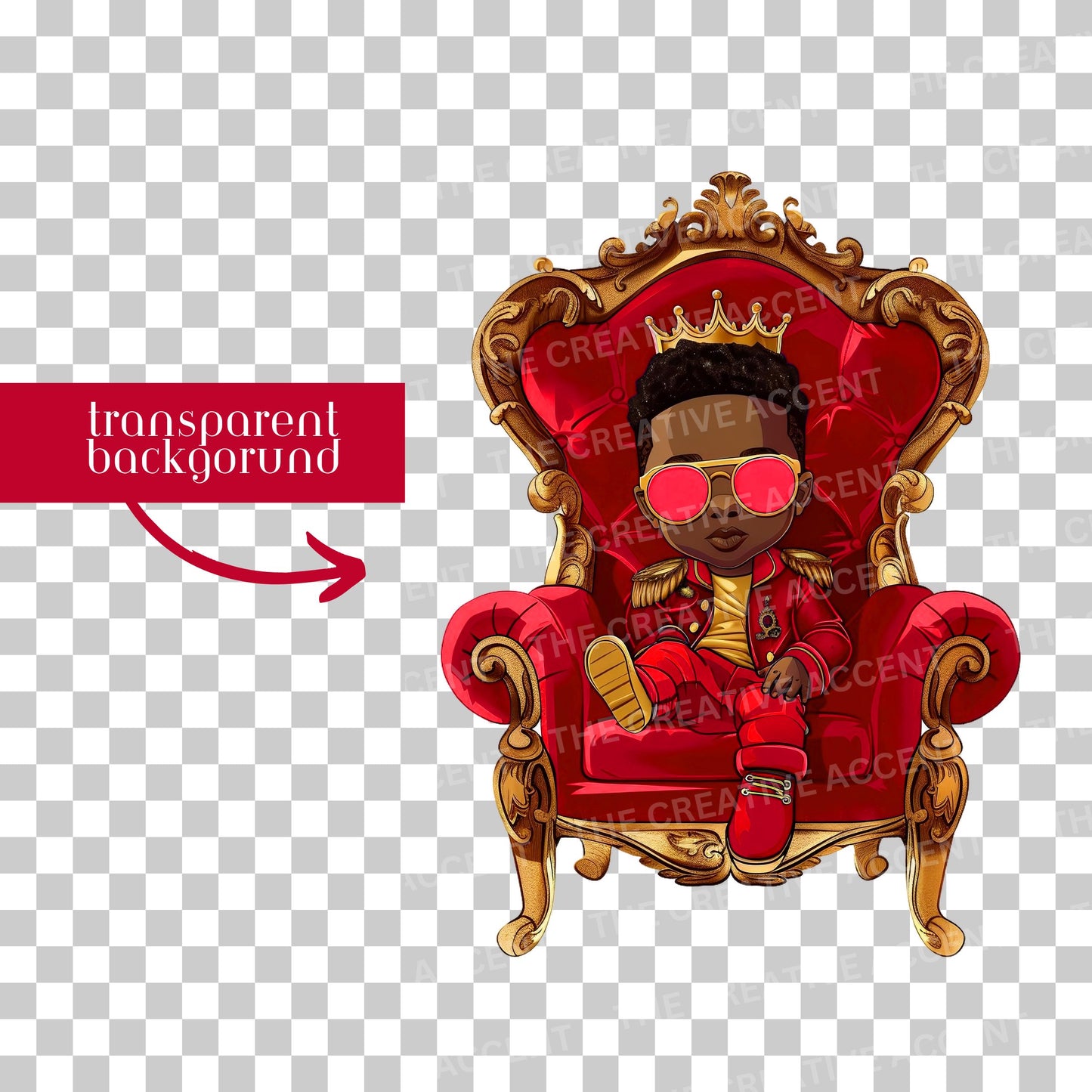 Little Prince in Red and Gold on a Throne Clipart, 3 PNG, Cool Black Baby Boy Kid King Shower, Sitting on French Royal Throne, Sunglasses