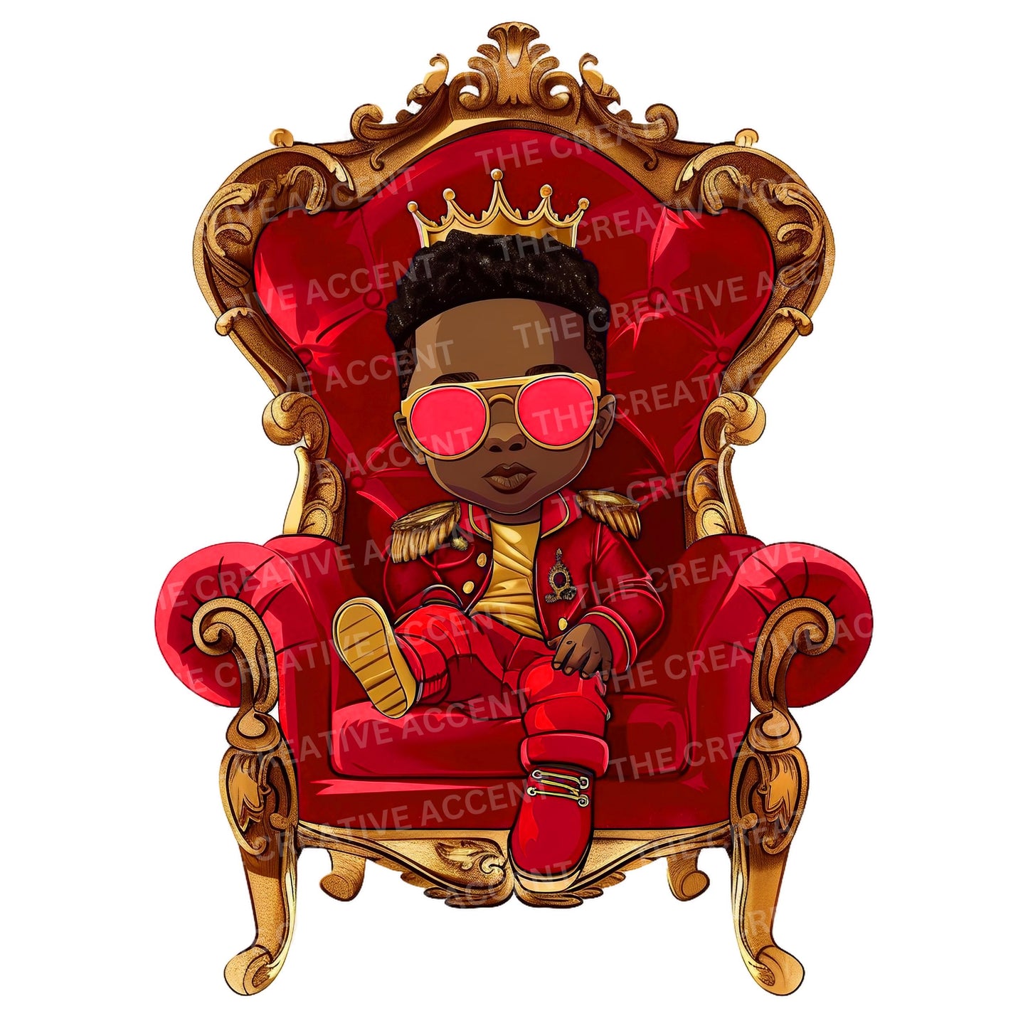 Little Prince in Red and Gold on a Throne Clipart, 3 PNG, Cool Black Baby Boy Kid King Shower, Sitting on French Royal Throne, Sunglasses
