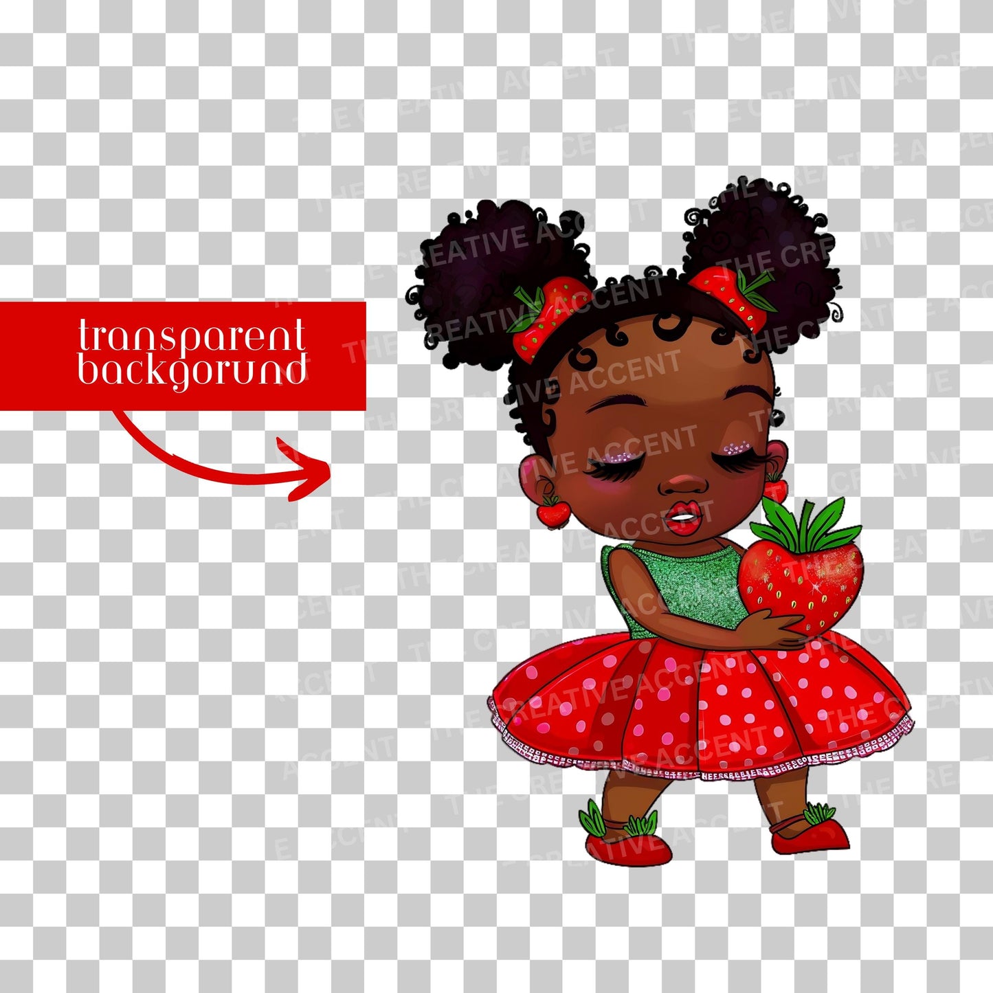 Shy Strawberry Baby Girl Clipart, 9 PNG, Afro Black Strawberry Shortcake Holding a Strawberry Theme, Red and Green, Berry Sweet Baby Shower