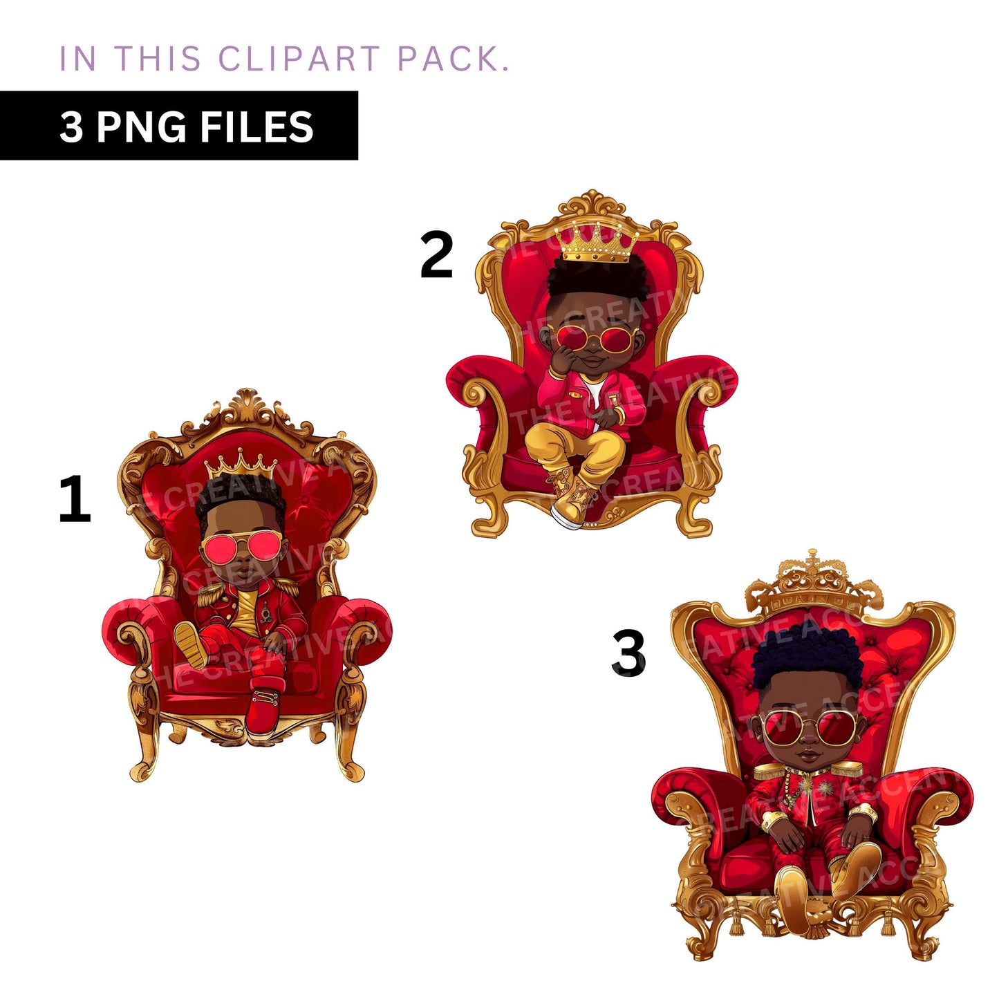 Little Prince in Red and Gold on a Throne Clipart, 3 PNG, Cool Black Baby Boy Kid King Shower, Sitting on French Royal Throne, Sunglasses