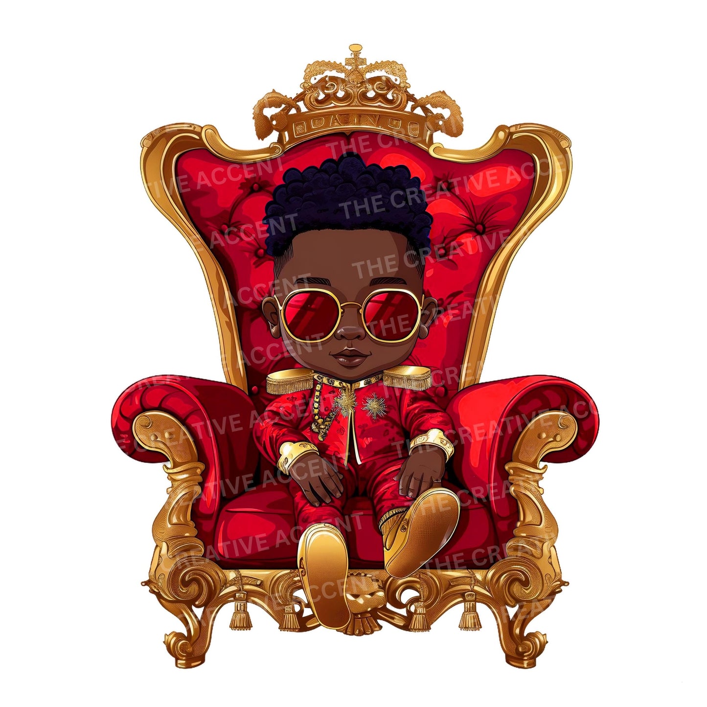 Little Prince in Red and Gold on a Throne Clipart, 3 PNG, Cool Black Baby Boy Kid King Shower, Sitting on French Royal Throne, Sunglasses