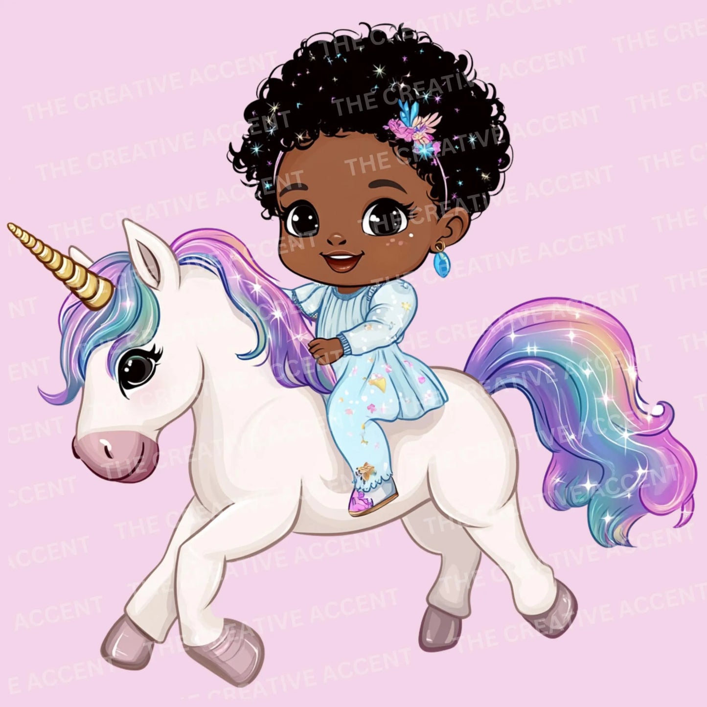 Black Unicorn Girl Clipart, 5 PNG, Pastel Fairytale Party