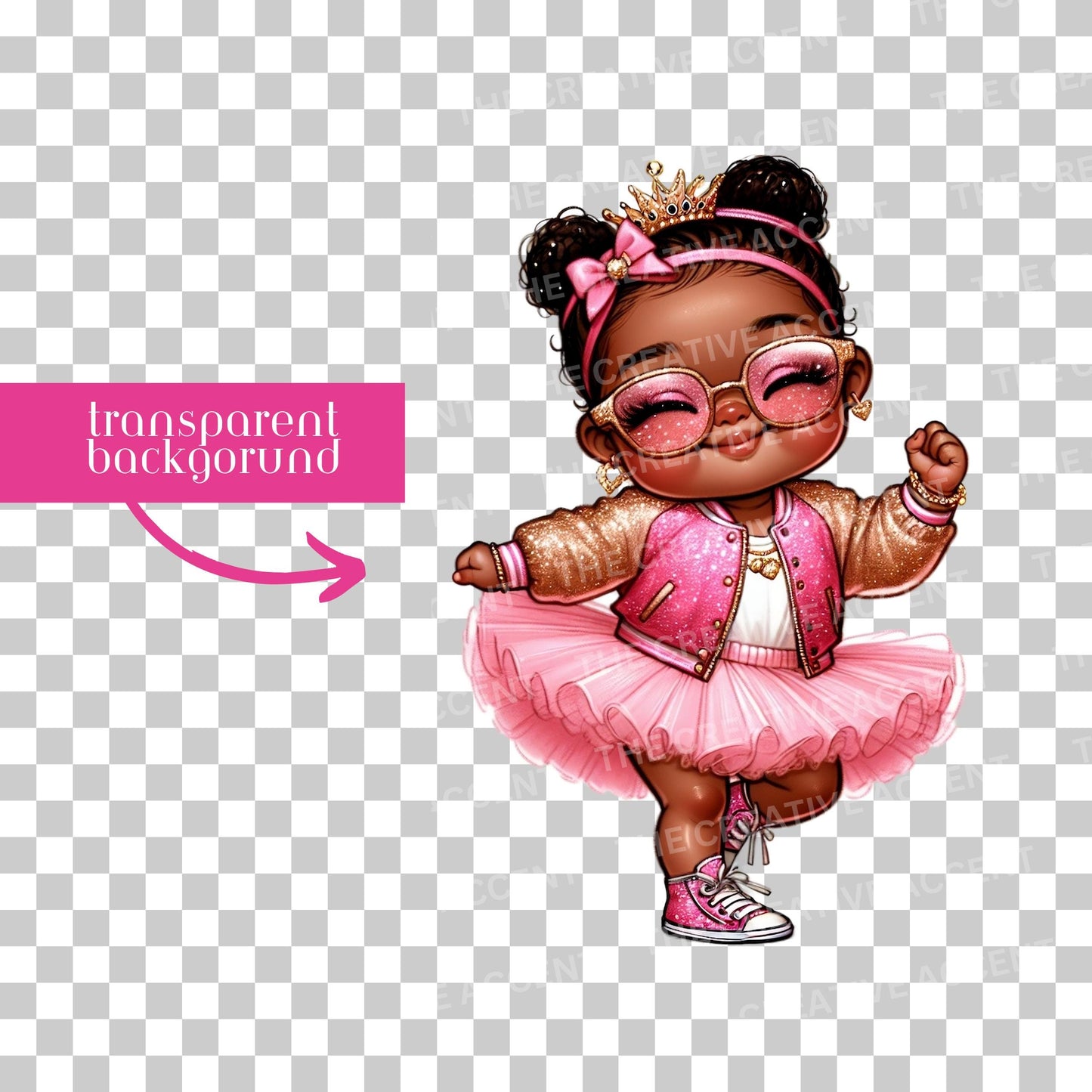 Black Baby Princess in Pink Clipart, 11 PNG, Girl Baby Shower clipart, Little Girl with Crown, Tiara and tutu, Sassy Diva Shades Theme, Afro