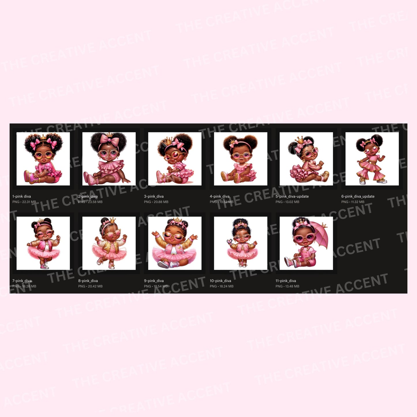 Black Baby Princess in Pink Clipart, 11 PNG, Girl Baby Shower clipart, Little Girl with Crown, Tiara and tutu, Sassy Diva Shades Theme, Afro
