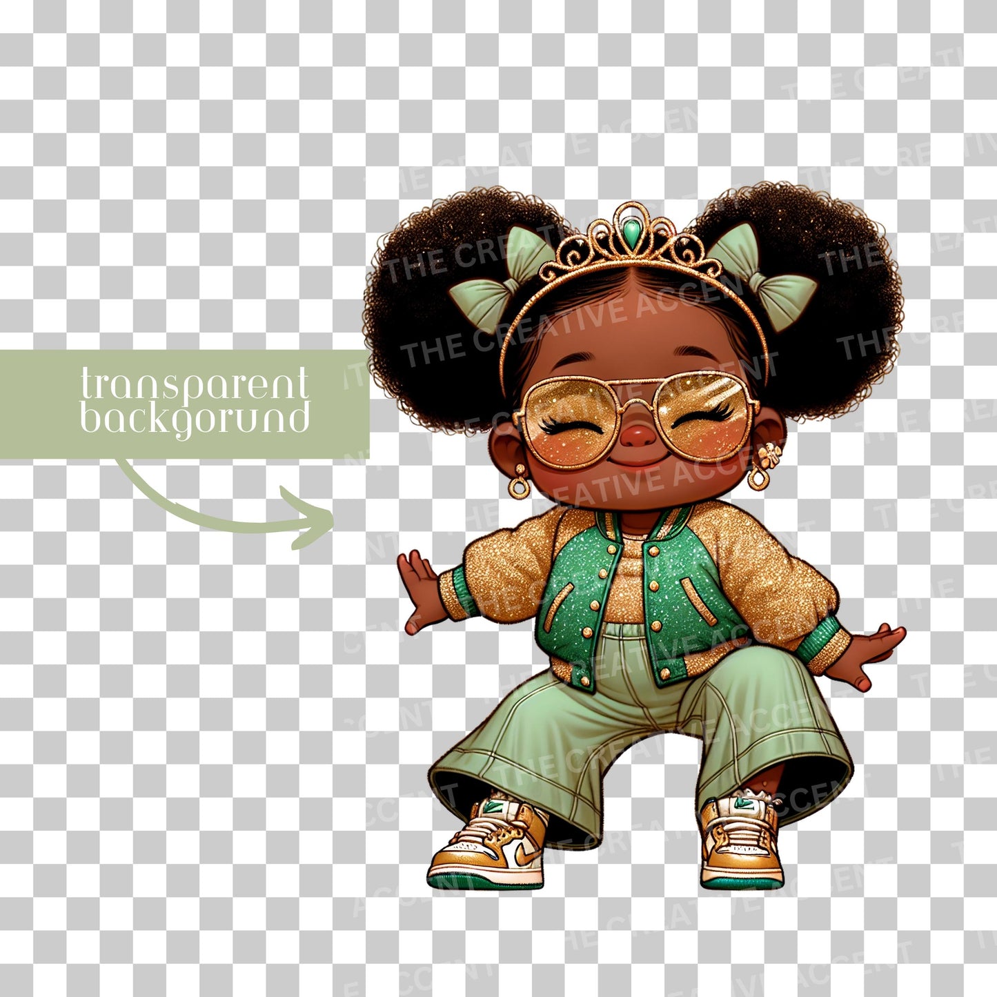 Black Baby Girl in Sage Clipart, PNG, Light Green and Gold Baby Shower, Little Princess Diva with Tiara and tutu, Funny Theme, Sunglasses