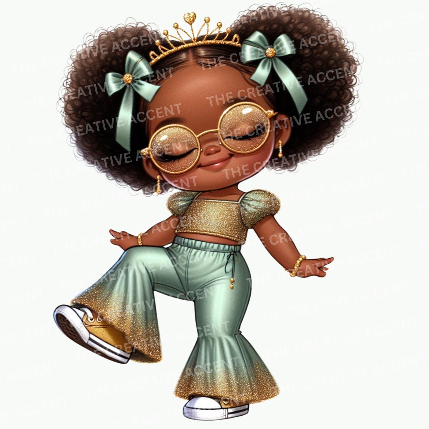 Black Baby Girl in Sage Clipart, PNG, Light Green and Gold Baby Shower, Little Princess Diva with Tiara and tutu, Funny Theme, Sunglasses