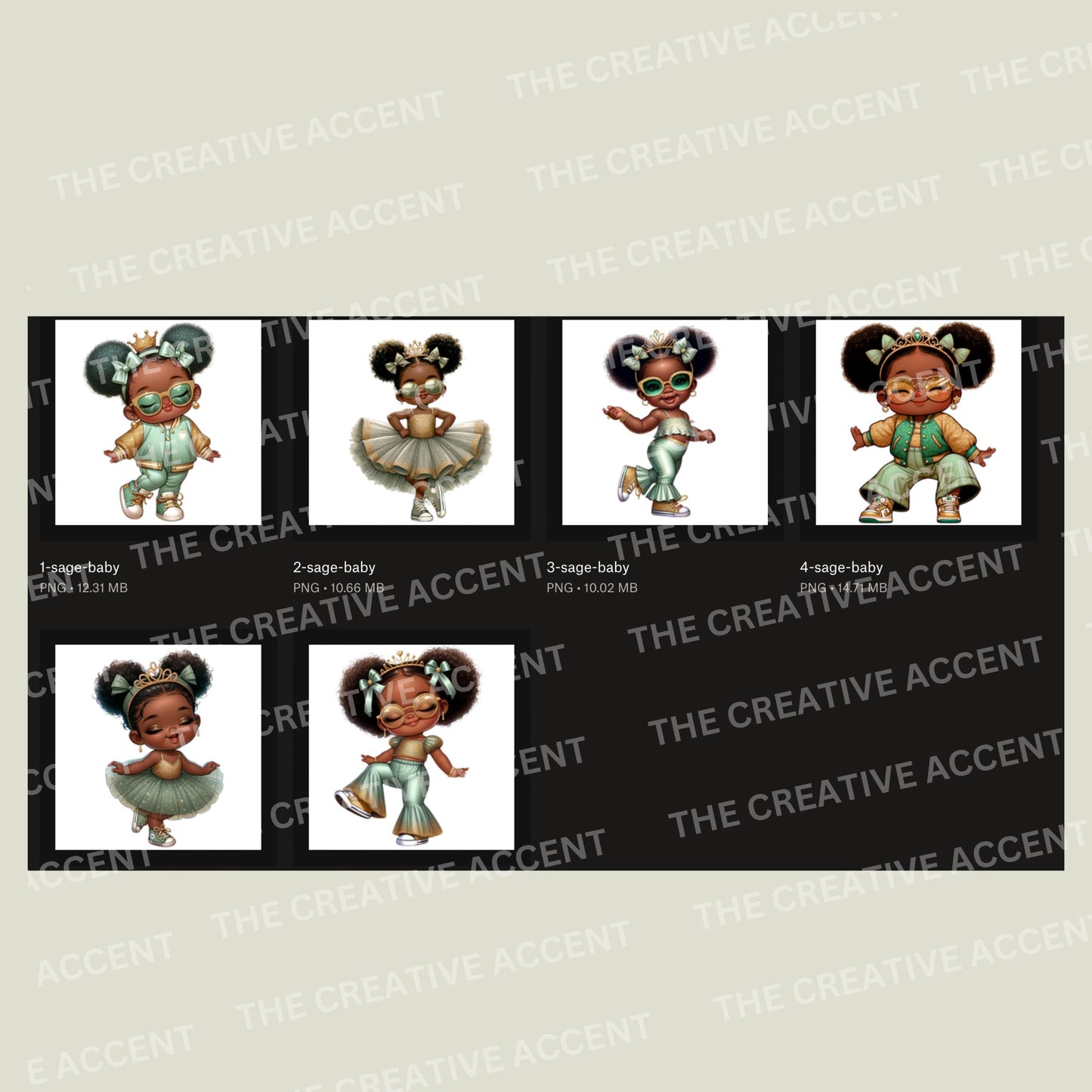 Black Baby Girl in Sage Clipart, PNG, Light Green and Gold Baby Shower, Little Princess Diva with Tiara and tutu, Funny Theme, Sunglasses