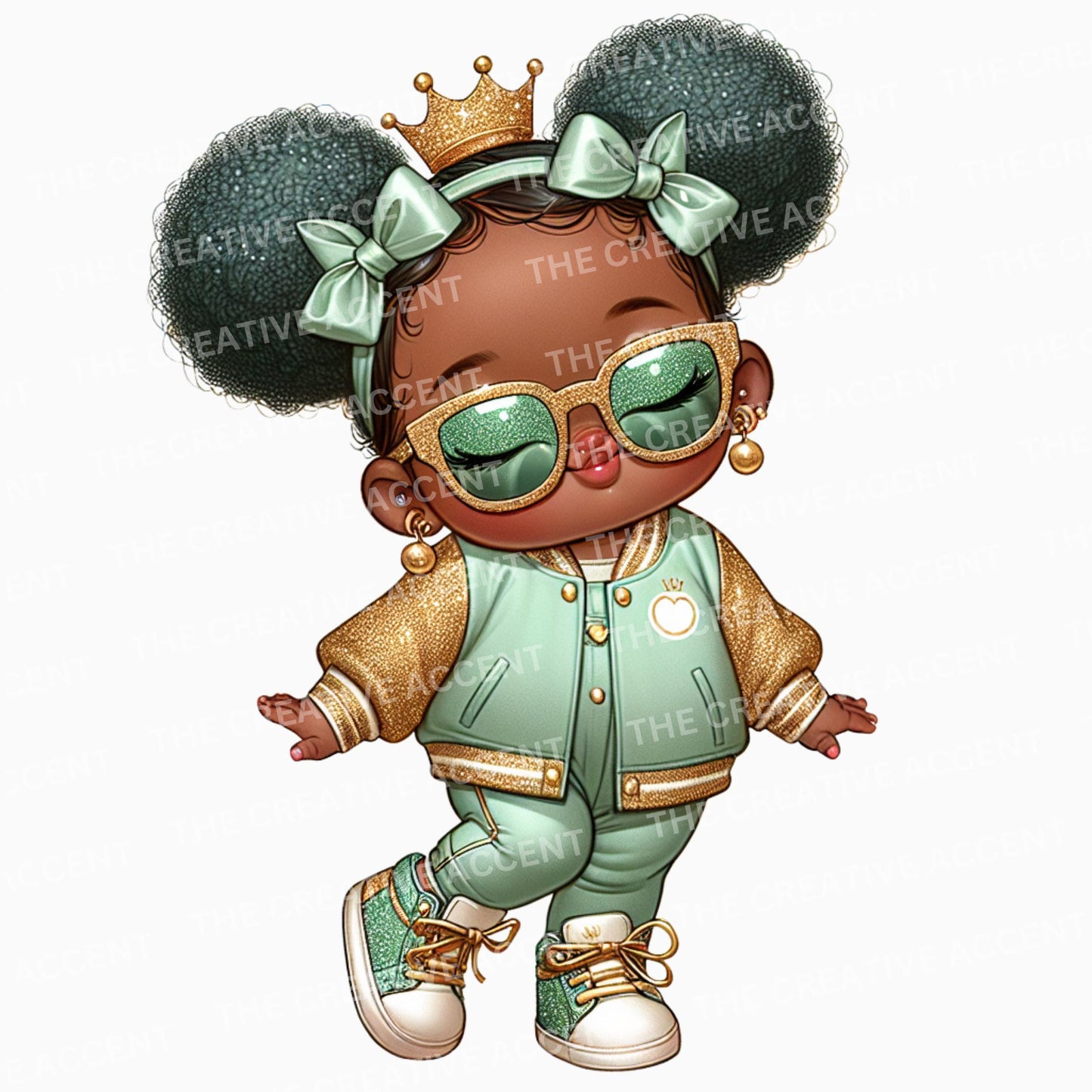 Black Baby Girl in Sage Clipart, PNG, Light Green and Gold Baby Shower, Little Princess Diva with Tiara and tutu, Funny Theme, Sunglasses