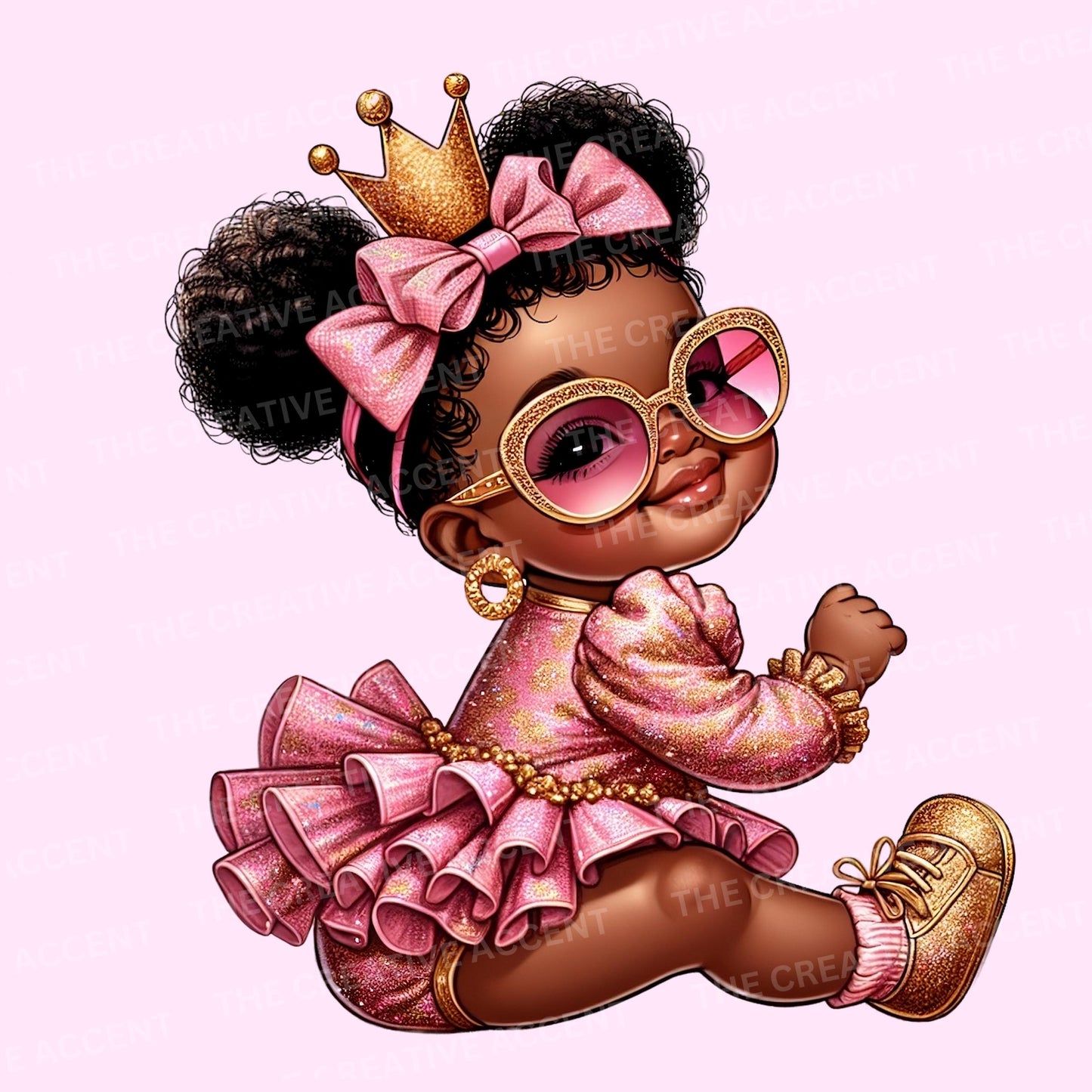 Black Baby Princess in Pink Clipart, 11 PNG, Girl Baby Shower clipart, Little Girl with Crown, Tiara and tutu, Sassy Diva Shades Theme, Afro