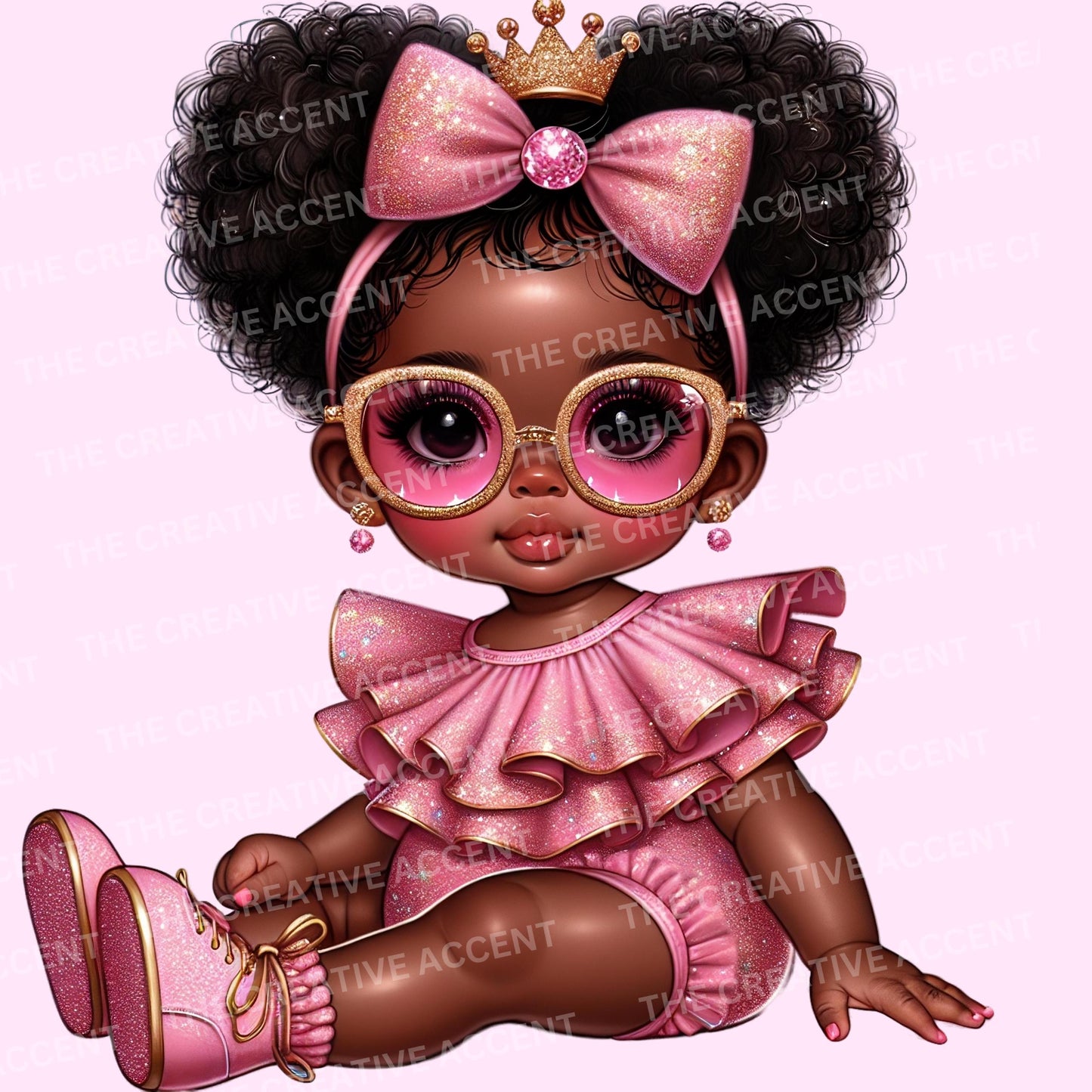 Black Baby Princess in Pink Clipart, 11 PNG, Girl Baby Shower clipart, Little Girl with Crown, Tiara and tutu, Sassy Diva Shades Theme, Afro