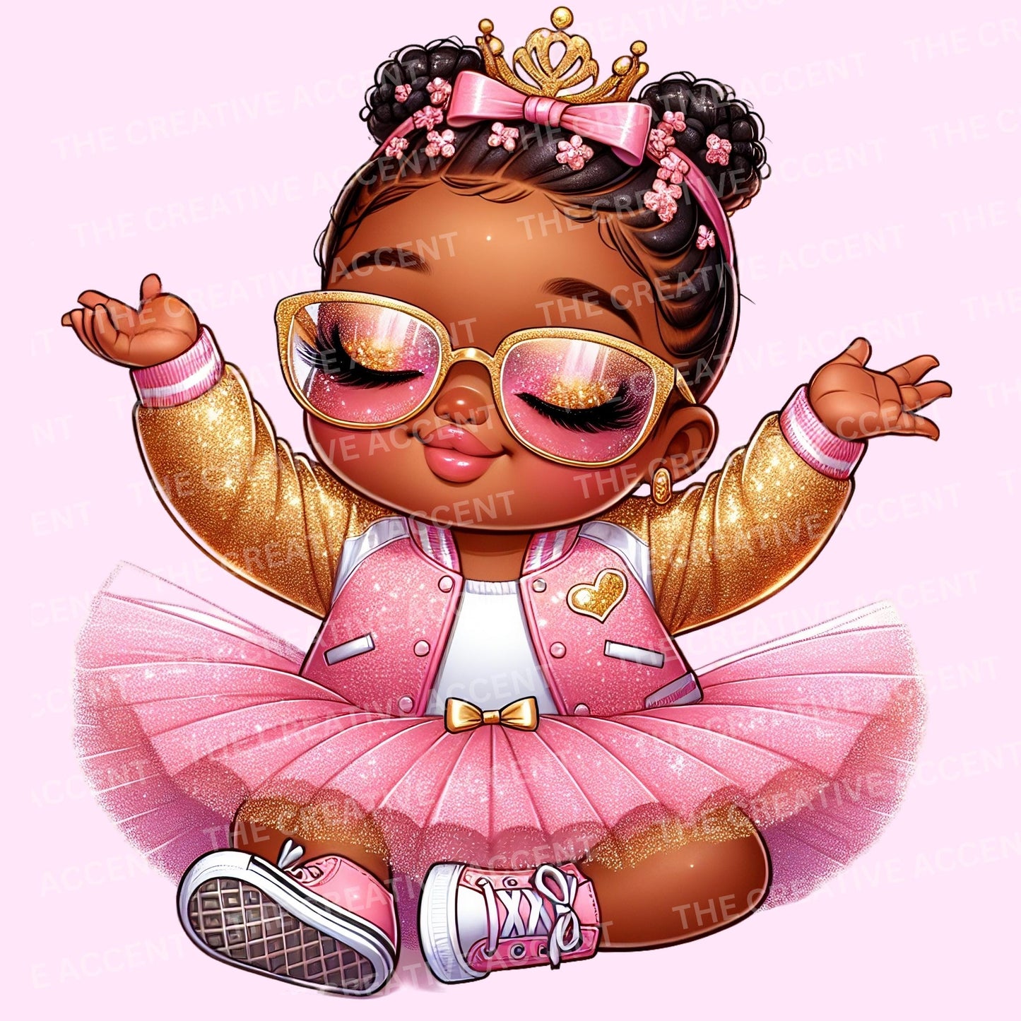 Black Baby Princess in Pink Clipart, 11 PNG, Girl Baby Shower clipart, Little Girl with Crown, Tiara and tutu, Sassy Diva Shades Theme, Afro