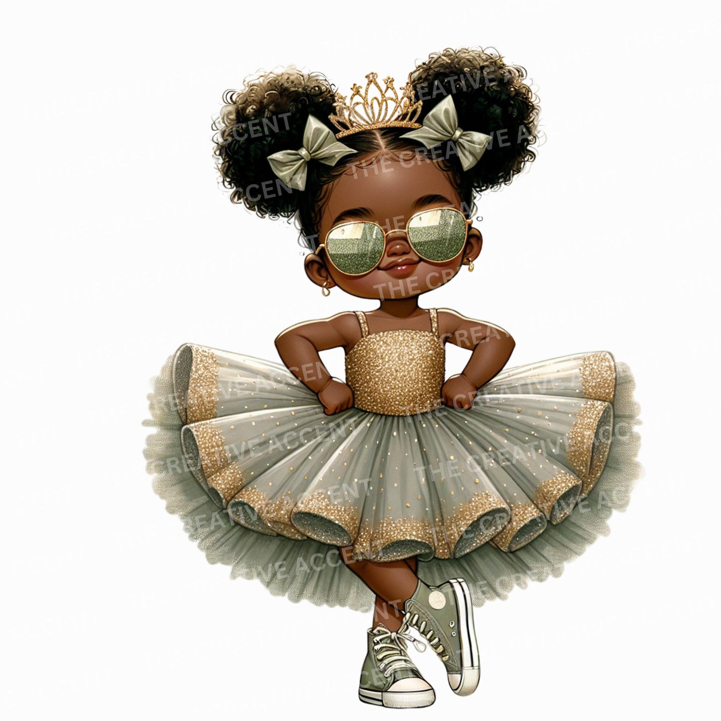 Black Baby Girl in Sage Clipart, PNG, Light Green and Gold Baby Shower, Little Princess Diva with Tiara and tutu, Funny Theme, Sunglasses