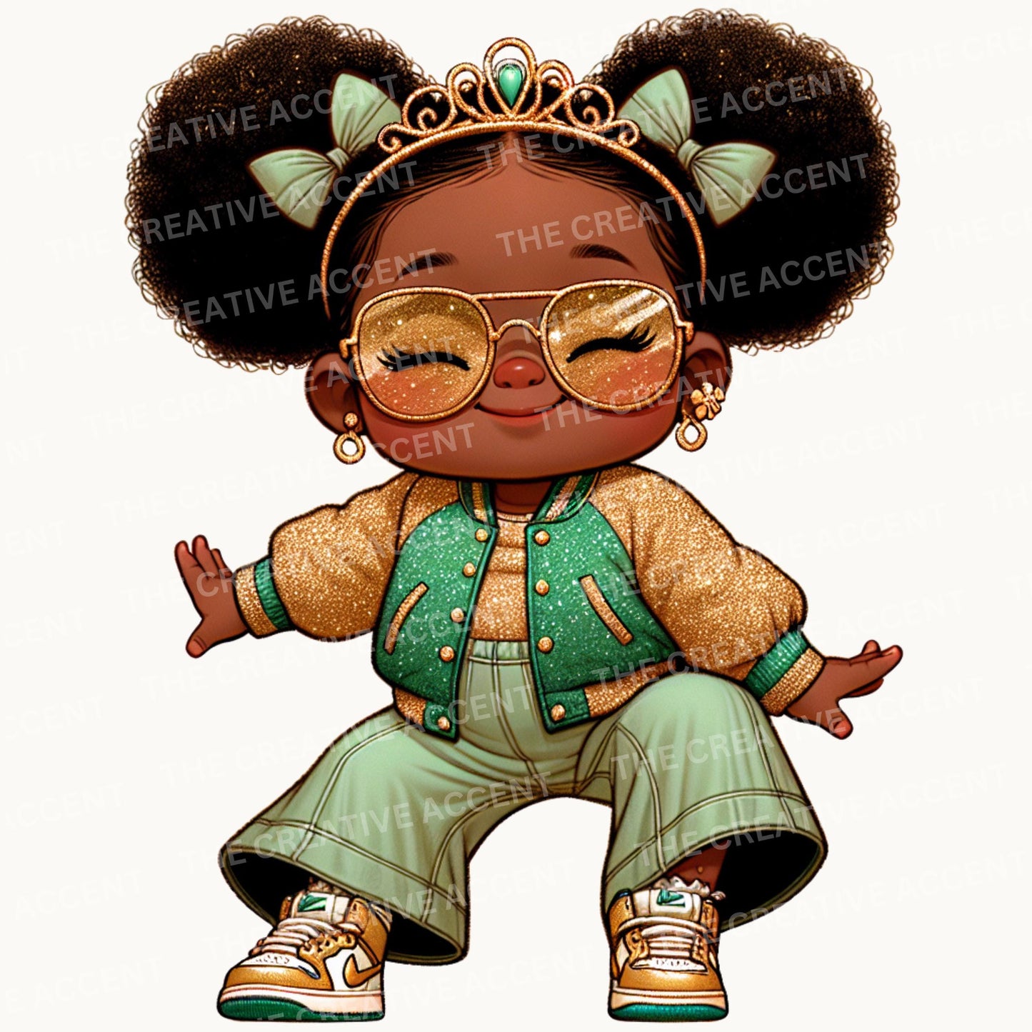Black Baby Girl in Sage Clipart, PNG, Light Green and Gold Baby Shower, Little Princess Diva with Tiara and tutu, Funny Theme, Sunglasses