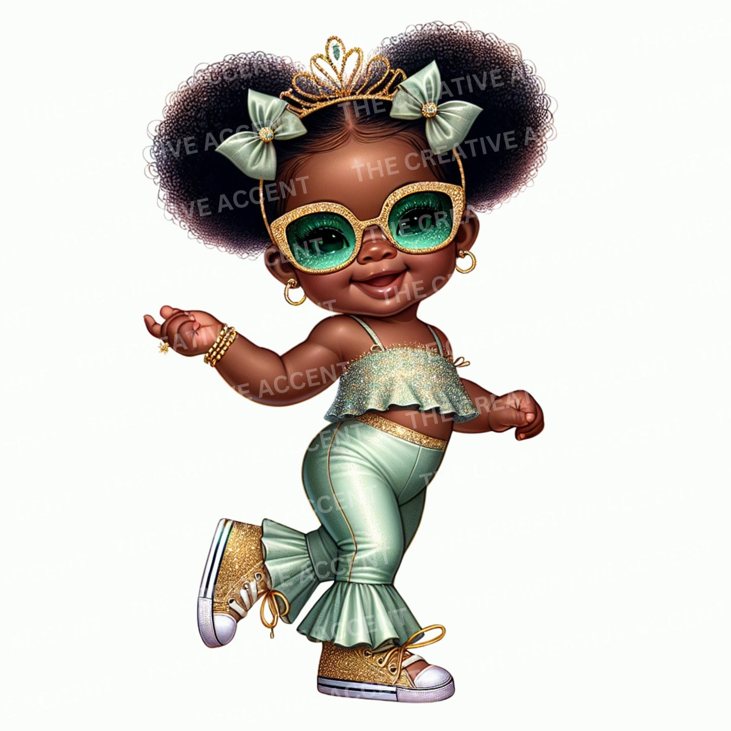 Black Baby Girl in Sage Clipart, PNG, Light Green and Gold Baby Shower, Little Princess Diva with Tiara and tutu, Funny Theme, Sunglasses