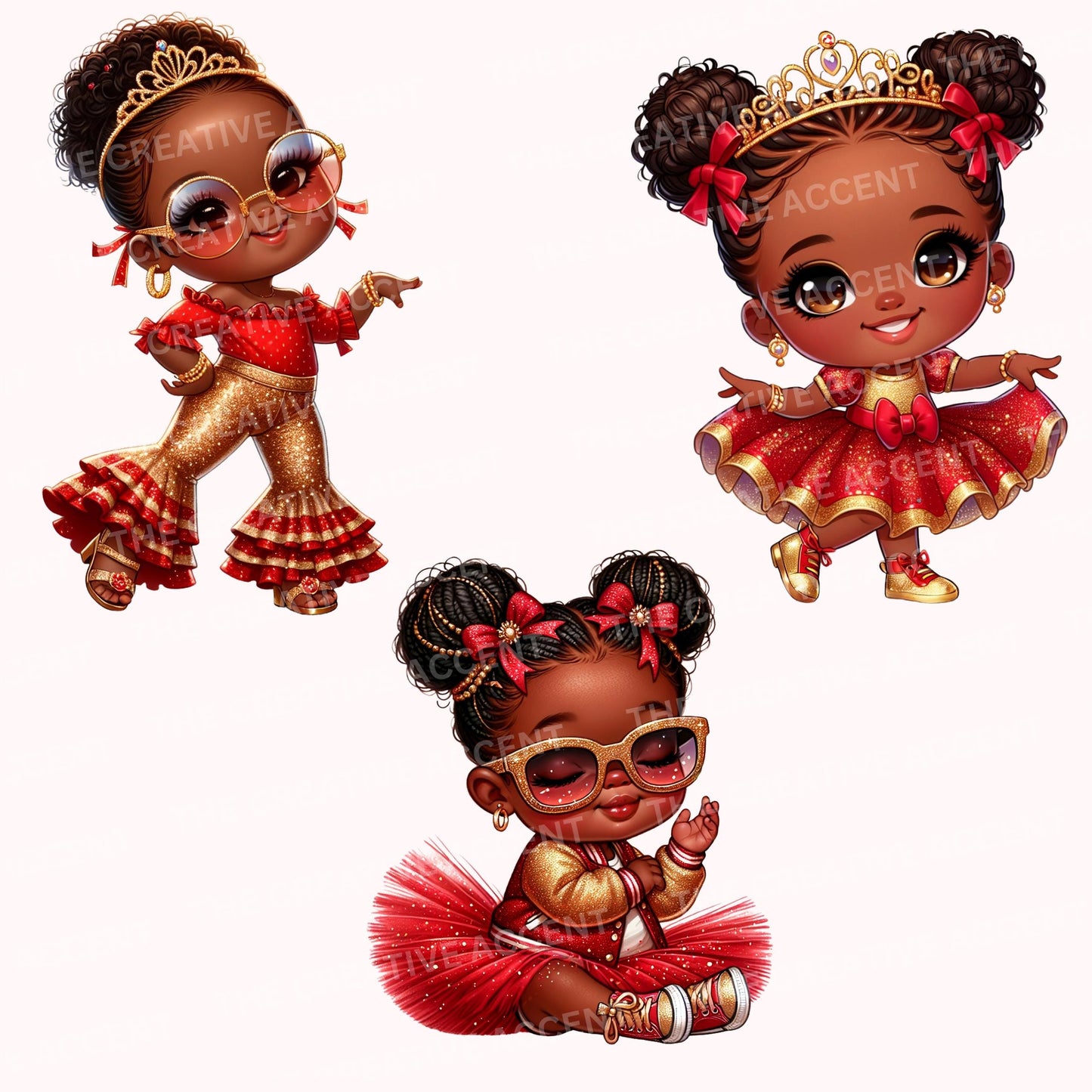 Baby Girl in Red and Gold, Black Princess Clipart, PNG, Diva Glitter Baby Shower clipart, Little Girl with Crown, Tiara, Christmas Theme