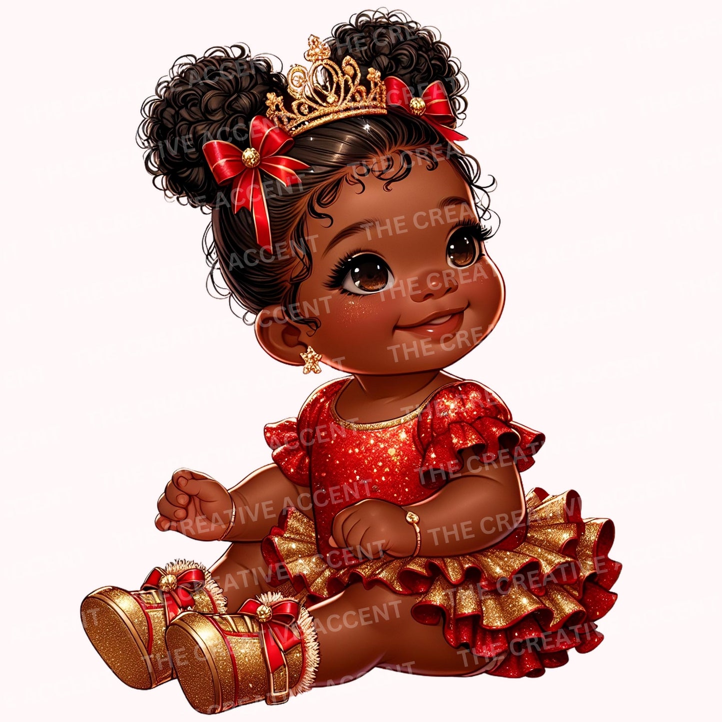 Baby Girl in Red and Gold, Black Princess Clipart, PNG, Diva Glitter Baby Shower clipart, Little Girl with Crown, Tiara, Christmas Theme