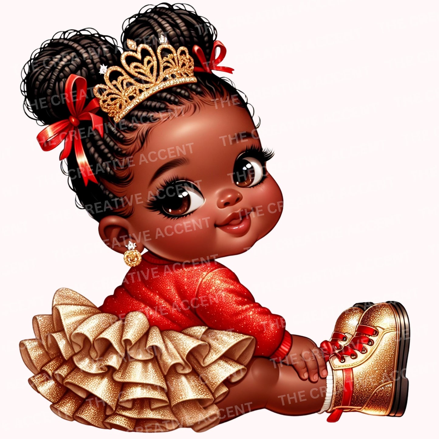 Baby Girl in Red and Gold, Black Princess Clipart, PNG, Diva Glitter Baby Shower clipart, Little Girl with Crown, Tiara, Christmas Theme