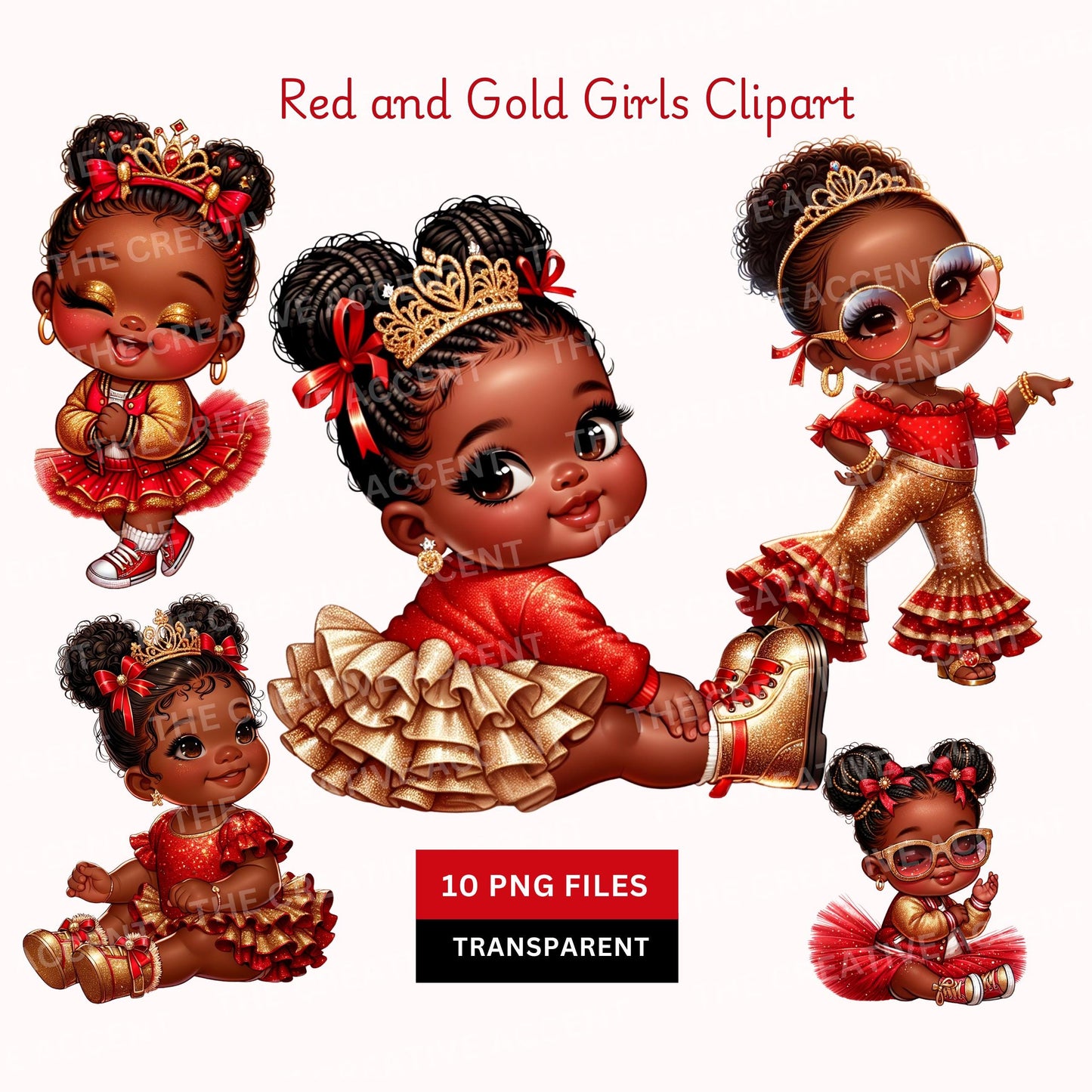 Baby Girl in Red and Gold, Black Princess Clipart, PNG, Diva Glitter Baby Shower clipart, Little Girl with Crown, Tiara, Christmas Theme