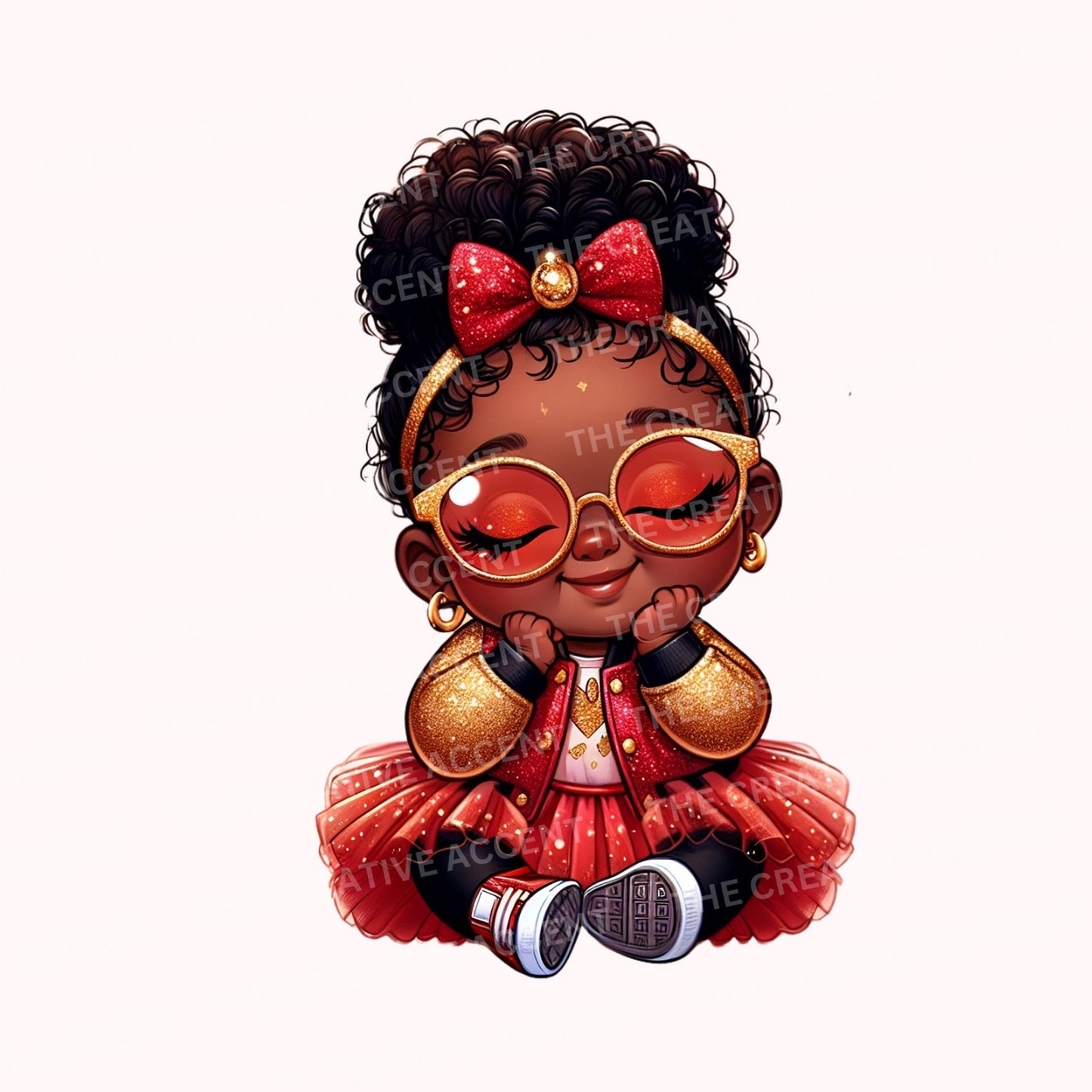 Baby Girl in Red and Gold, Black Princess Clipart, PNG, Diva Glitter Baby Shower clipart, Little Girl with Crown, Tiara, Christmas Theme