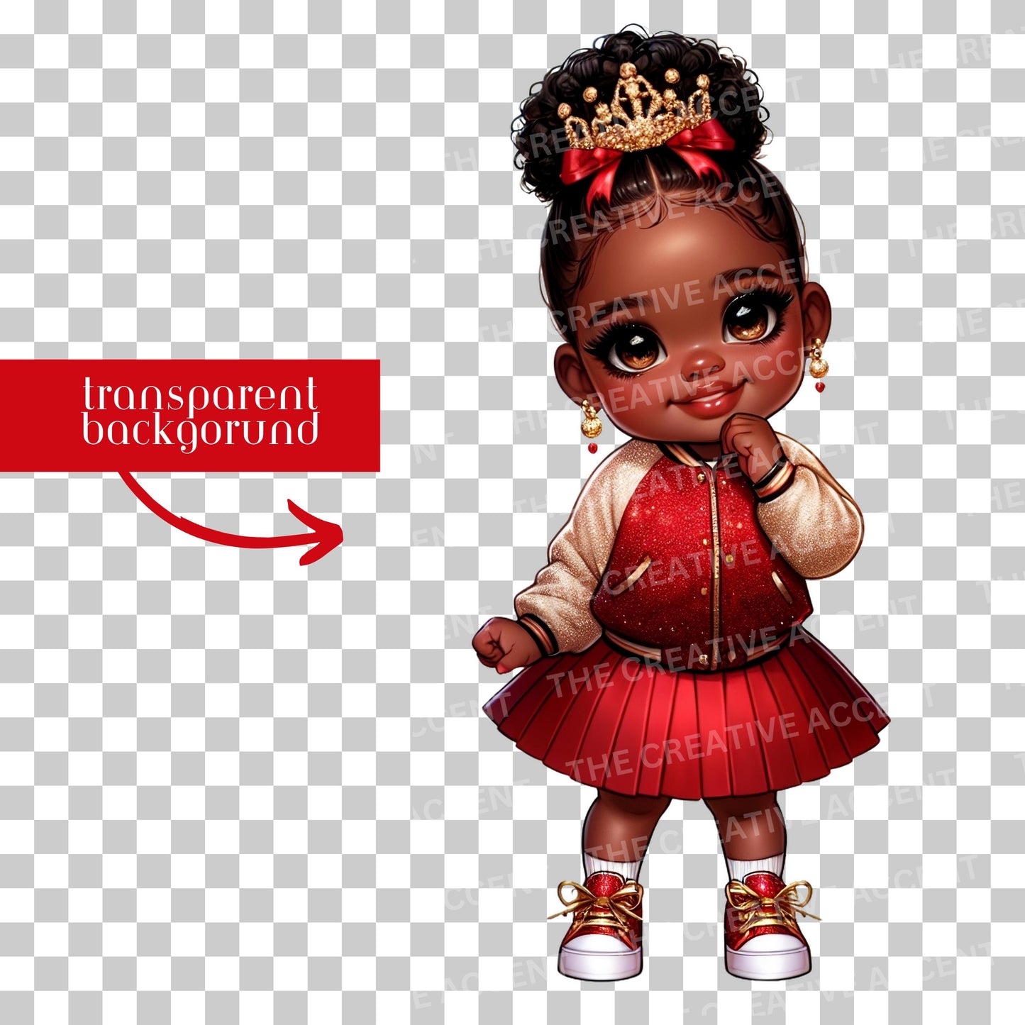 Baby Girl in Red and Gold, Black Princess Clipart, PNG, Diva Glitter Baby Shower clipart, Little Girl with Crown, Tiara, Christmas Theme