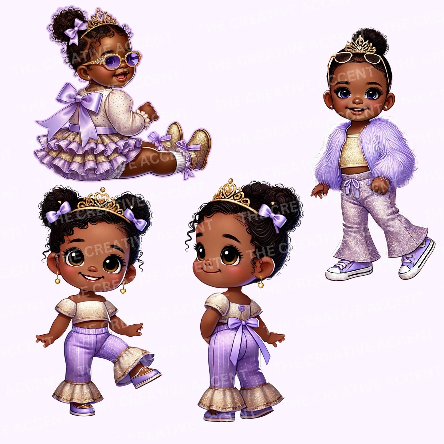 Black Baby Girl Princess in Purple Clipart, 14 PNG, Gold Tutu Dress, Light Lavender Little Infant in Glitter Ruffles, Cool Baby Shower
