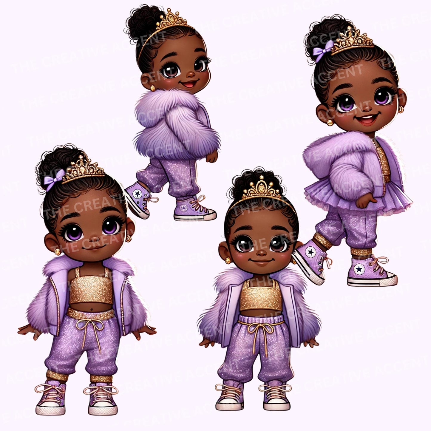 Black Baby Girl Princess in Purple Clipart, 14 PNG, Gold Tutu Dress, Light Lavender Little Infant in Glitter Ruffles, Cool Baby Shower