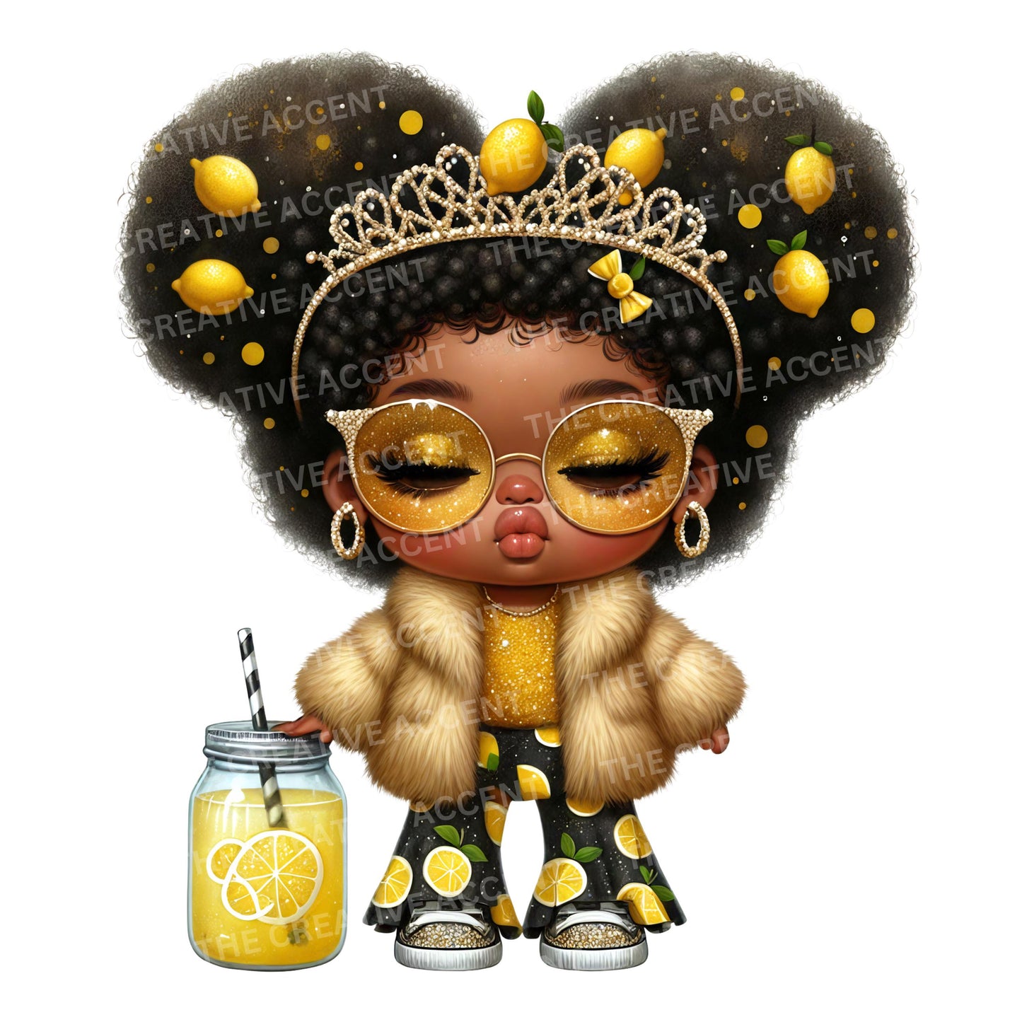 Lemonade Baby Girl Clipart, 14 PNG, Little Black Girl in Lemon Print Outfit Theme, Yellow, Green, Summer Squeeze, Baby Shower Stand Ideas