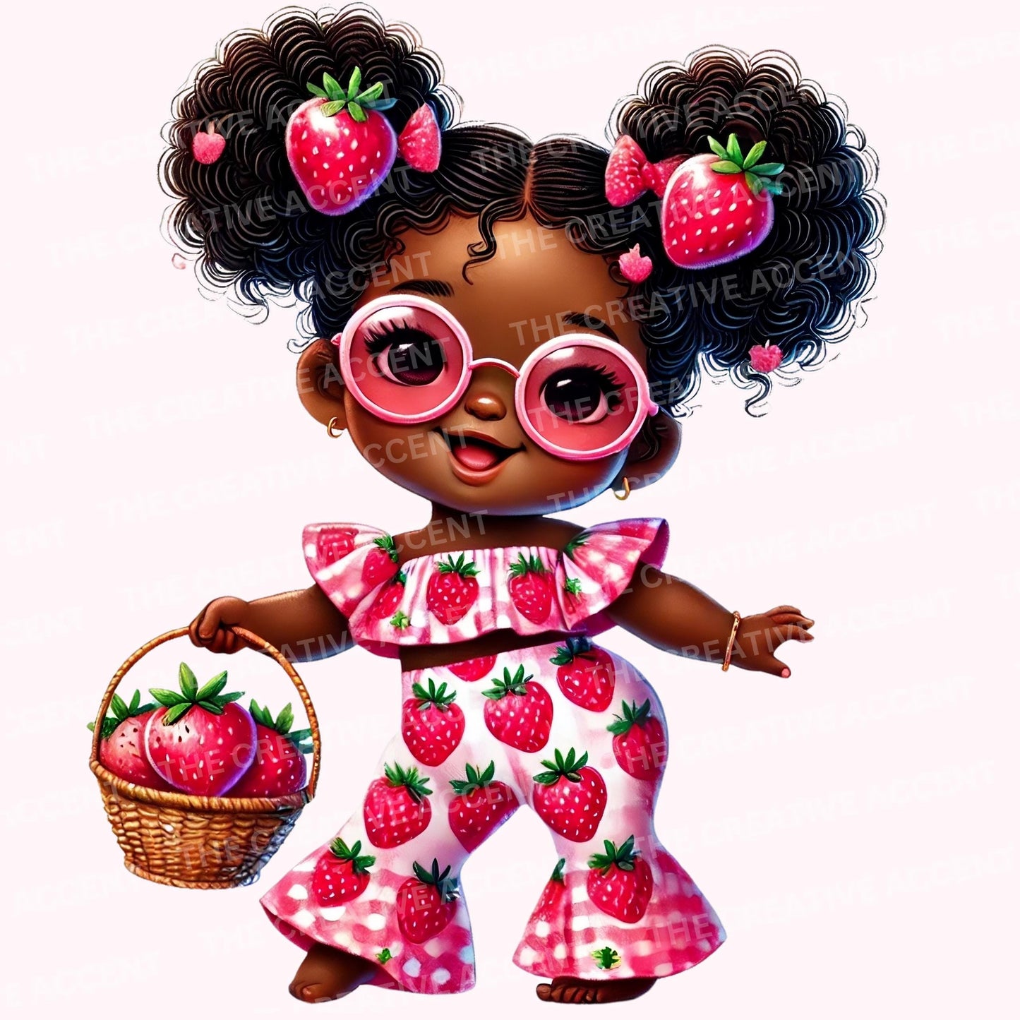 Berry Sweet Birthday Black Girl Clipart, Pink Strawberry, 10 PNG