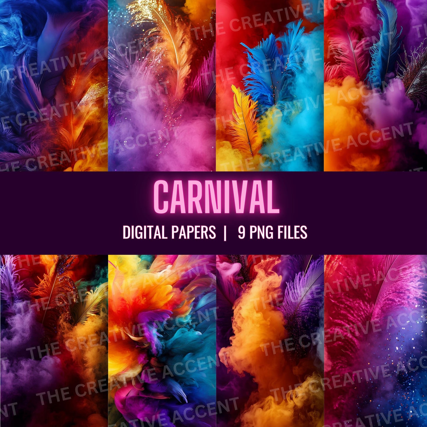 Caribbean Carnival Background Pack, 9 PNG, Colorful Smoke Backdrop, Feather Party Fumes Digital Paper, Clouds Bomb, Soca Invite Flyer, Fog