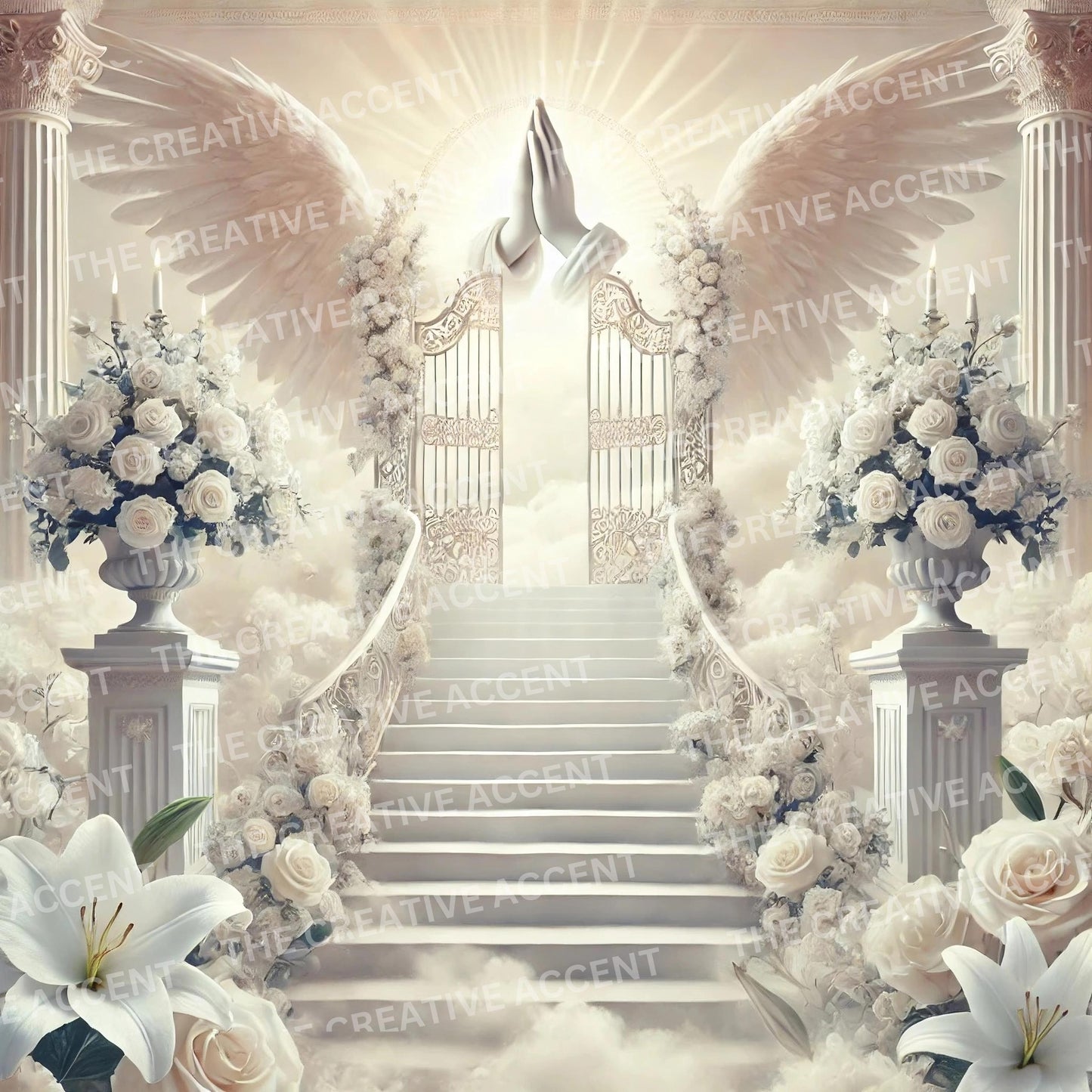 Prayer Heaven Backgrounds, 7 JPEG, Staircase Roses, Sun Clouds, Religious Christian Funeral Flyer Memorial Service Digital Scripture Quotes