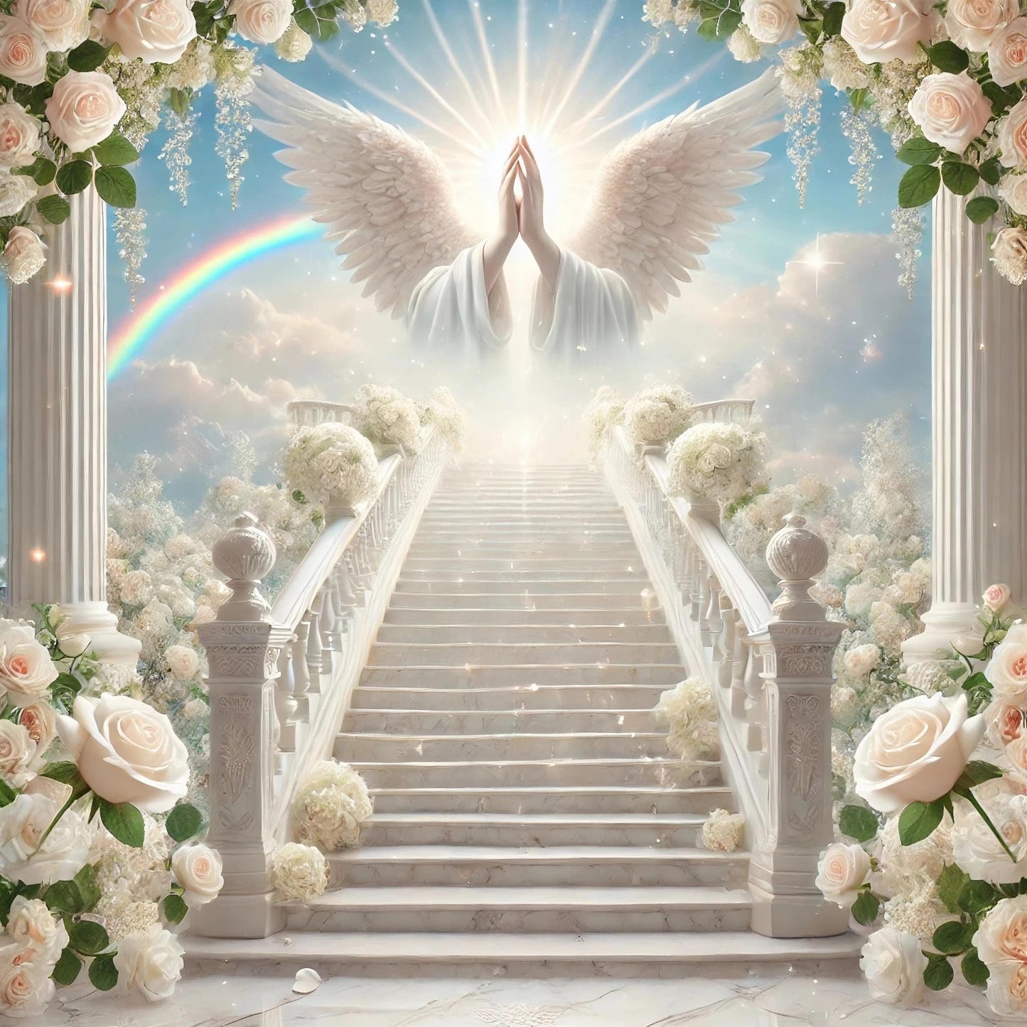Prayer Heaven Backgrounds, 7 JPEG, Staircase Roses, Sun Clouds, Religious Christian Funeral Flyer Memorial Service Digital Scripture Quotes
