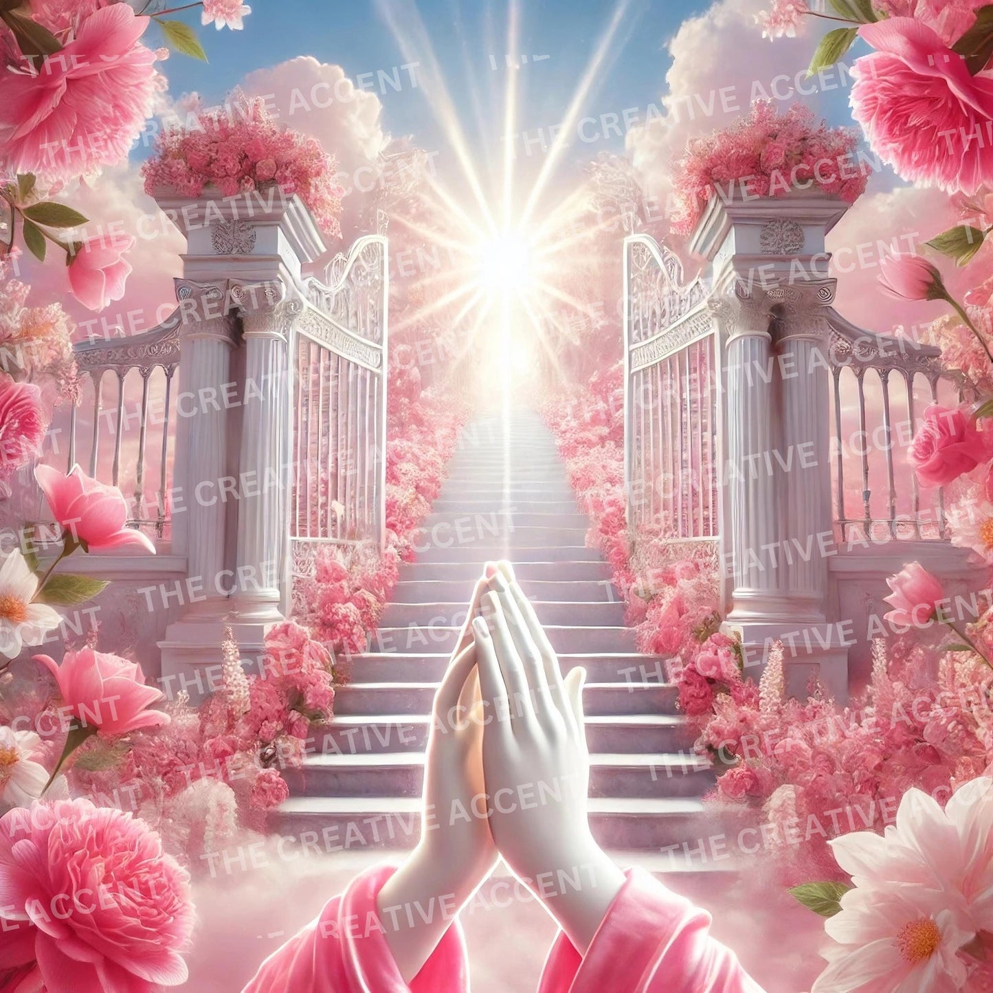 Prayer Heaven Backgrounds, 7 JPEG, Staircase Roses, Sun Clouds, Religious Christian Funeral Flyer Memorial Service Digital Scripture Quotes
