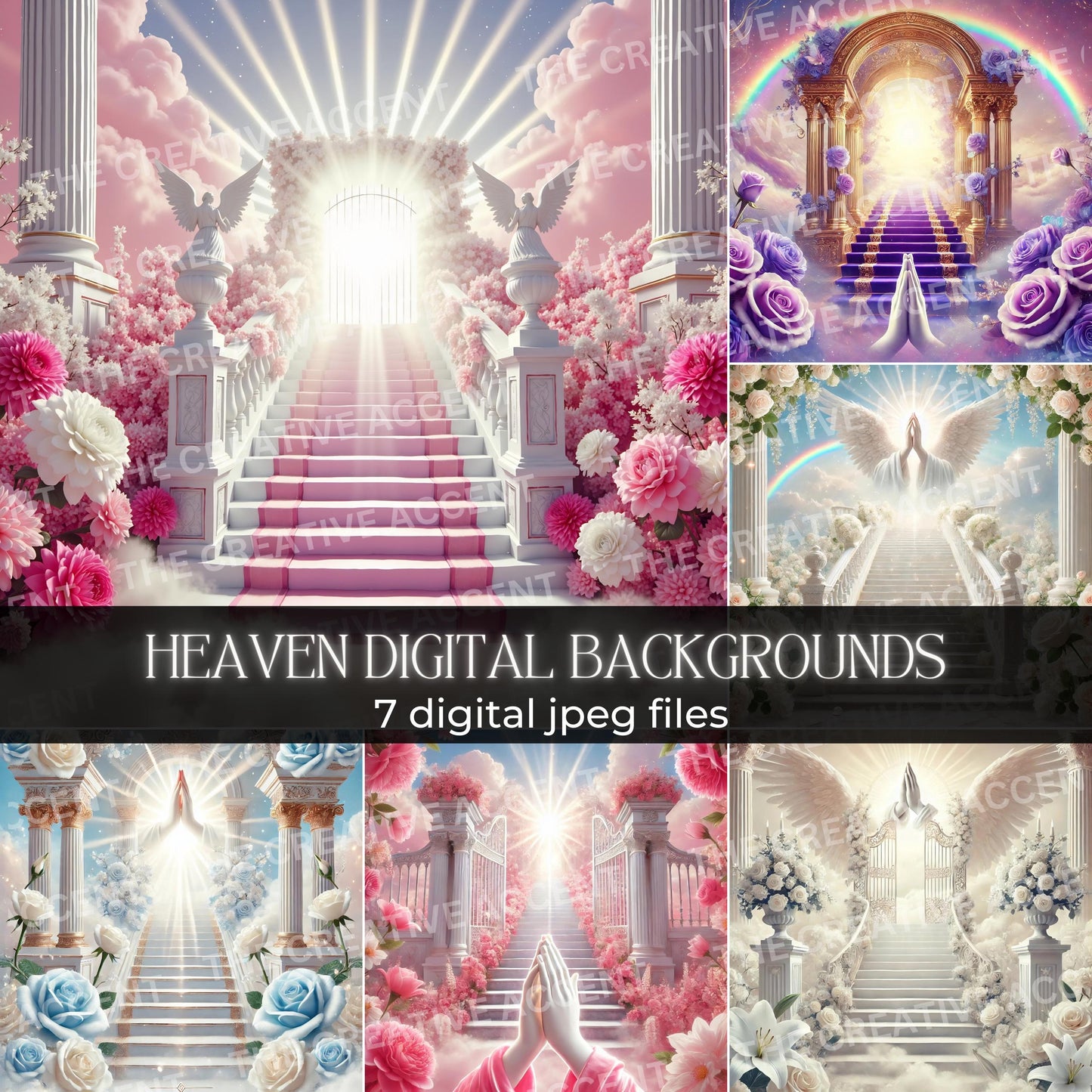 Prayer Heaven Backgrounds, 7 JPEG, Staircase Roses, Sun Clouds, Religious Christian Funeral Flyer Memorial Service Digital Scripture Quotes
