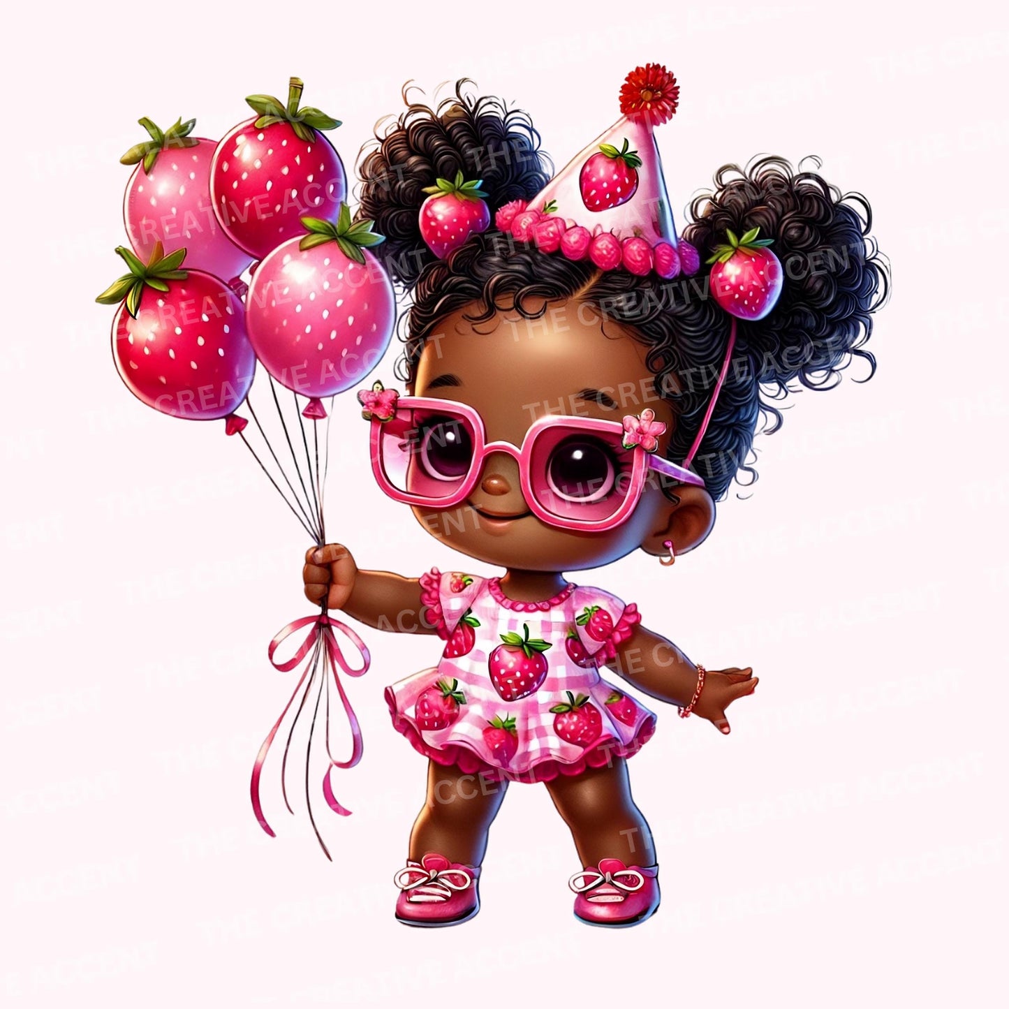 Berry Sweet Birthday Black Girl Clipart, Pink Strawberry, 10 PNG