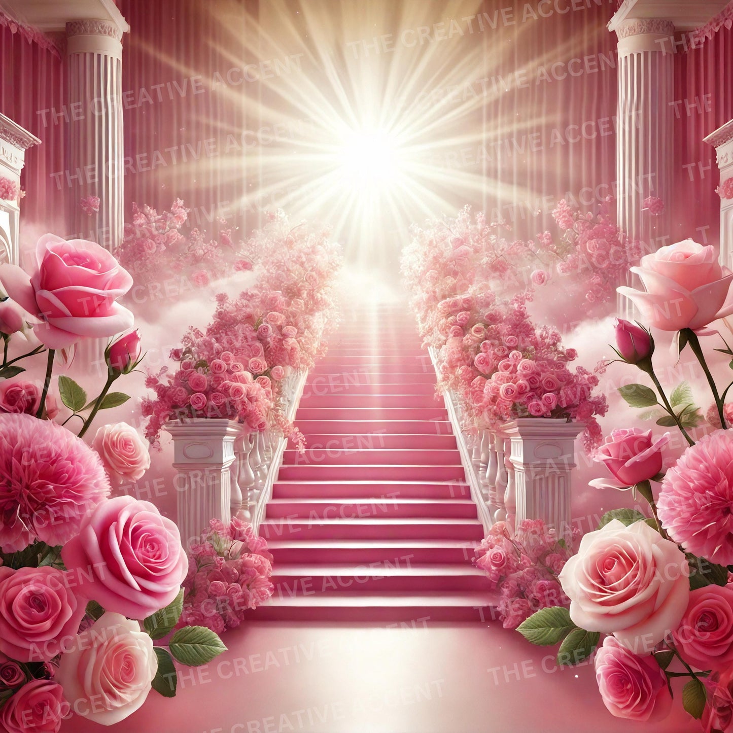 Hot Pink Heaven Background, 1 JPEG, Pink Roses Sun Clouds, Religious Christian Funeral Flyer, In Memory Of Memorial, Woman Service, Digital