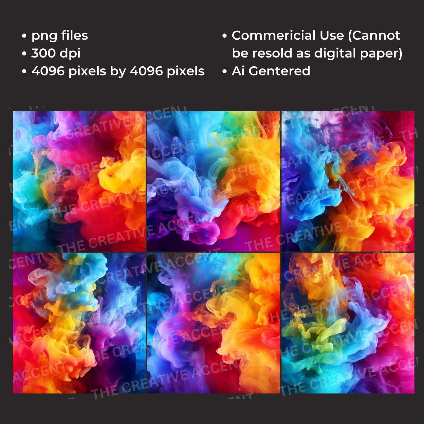 Colorful Smoke Background Pack, 6 PNG, Rainbow Pride Backdrop, Party Fumes Digital Paper, Clouds Bomb, Invite Flyer, Fog