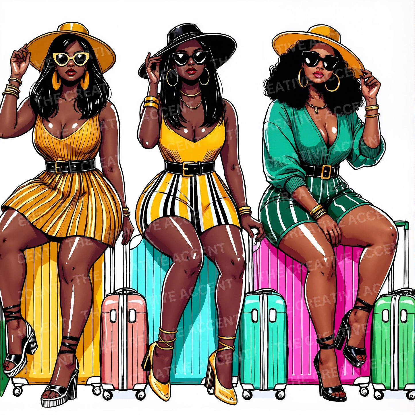 Black Girls Trip Backgrounds, 8 JPEG Files, Woman Travel Bug Digital Paper, Vacation Besties, Curvy Women, Girl, Friends Traveling Suitcase
