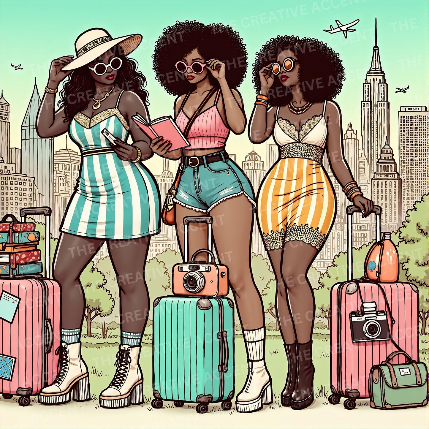 Black Girls Trip Backgrounds, 8 JPEG Files, Woman Travel Bug Digital Paper, Vacation Besties, Curvy Women, Girl, Friends Traveling Suitcase