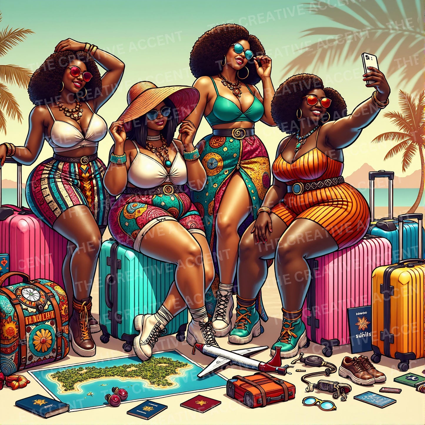 Black Girls Trip Backgrounds, 8 JPEG Files, Woman Travel Bug Digital Paper, Vacation Besties, Curvy Women, Girl, Friends Traveling Suitcase