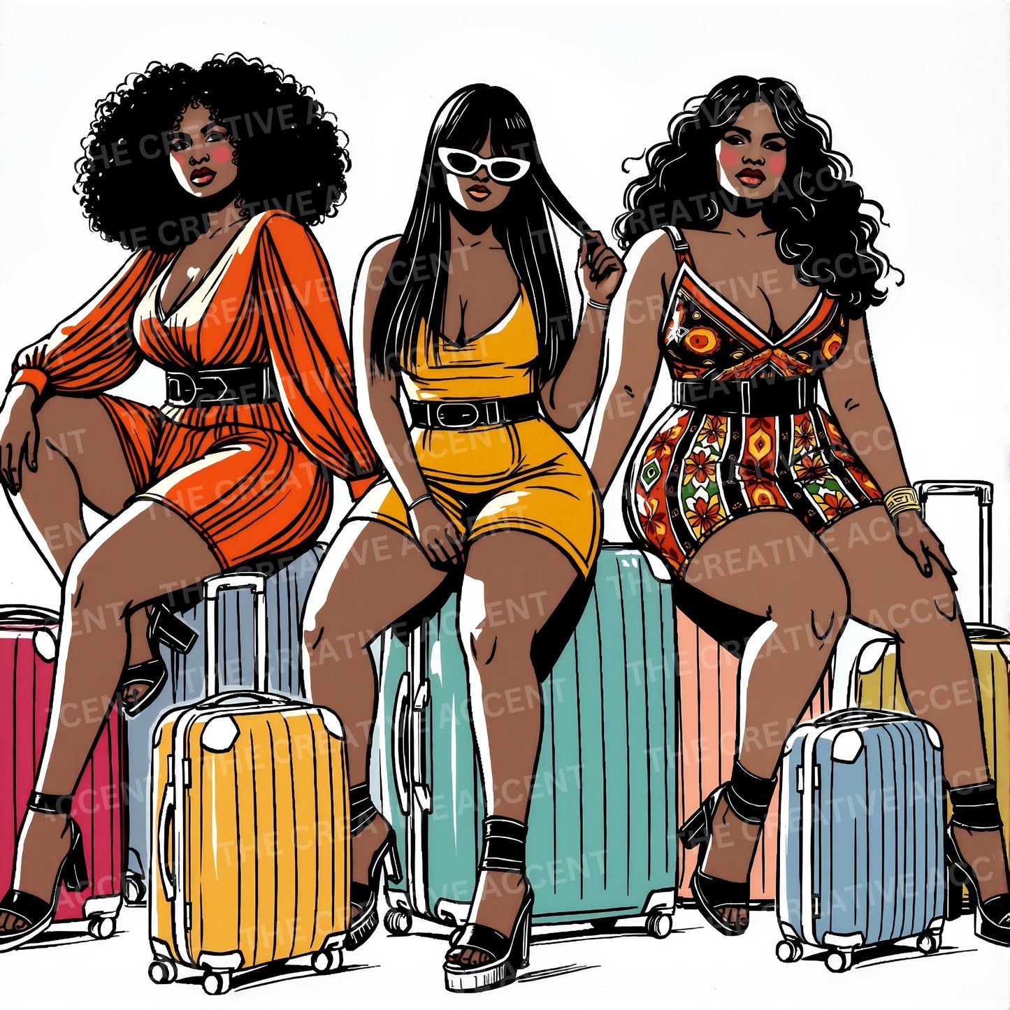 Black Girls Trip Backgrounds, 8 JPEG Files, Woman Travel Bug Digital Paper, Vacation Besties, Curvy Women, Girl, Friends Traveling Suitcase