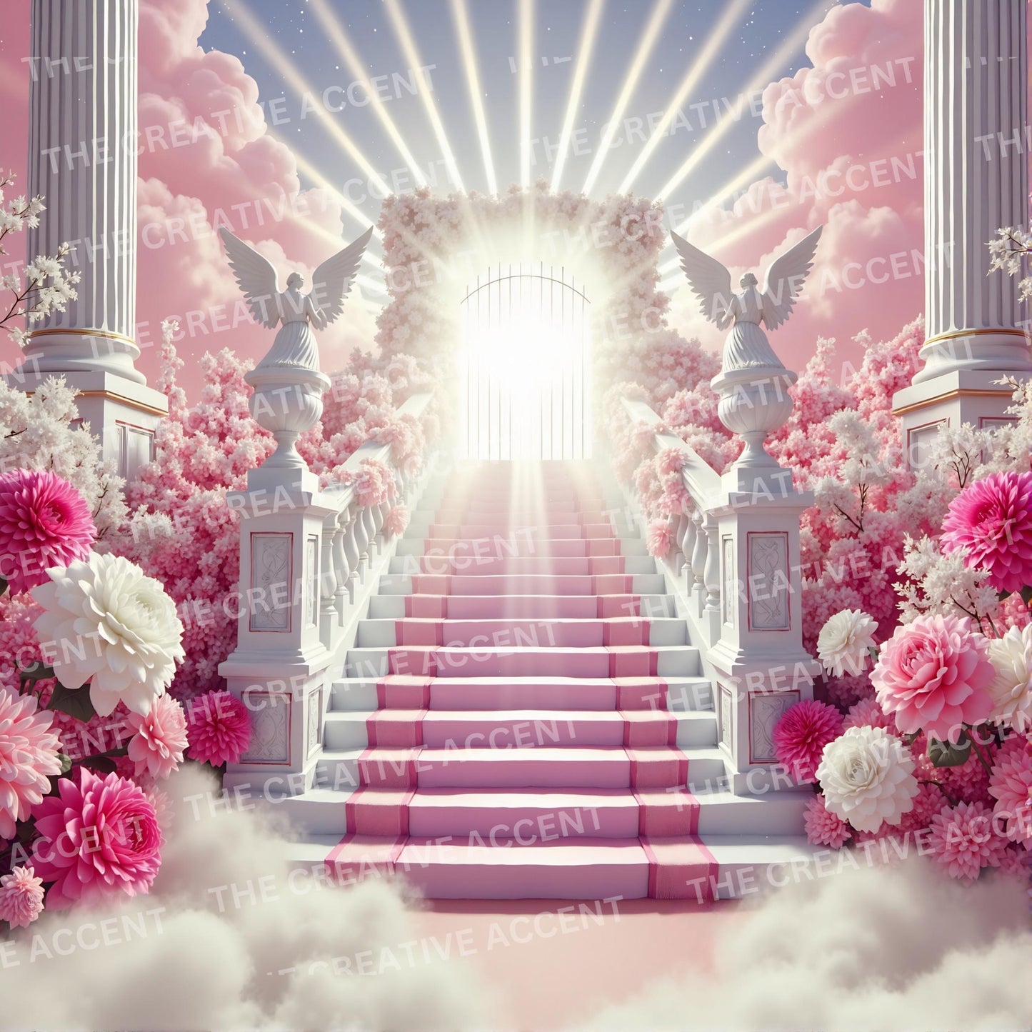 Prayer Heaven Backgrounds, 7 JPEG, Staircase Roses, Sun Clouds, Religious Christian Funeral Flyer Memorial Service Digital Scripture Quotes